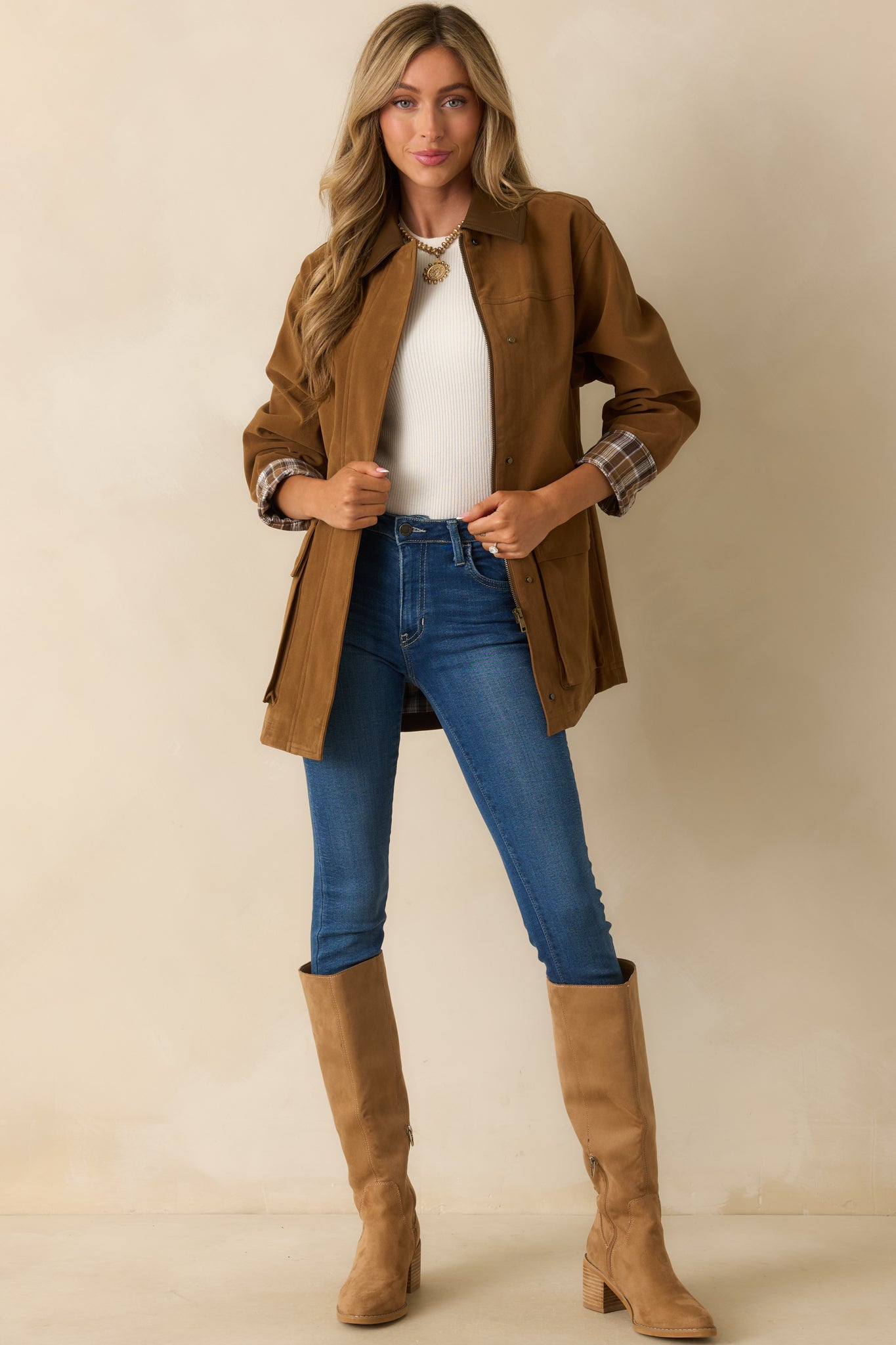 Full body front view highlighting the structured silhouette and large front patch pockets.
