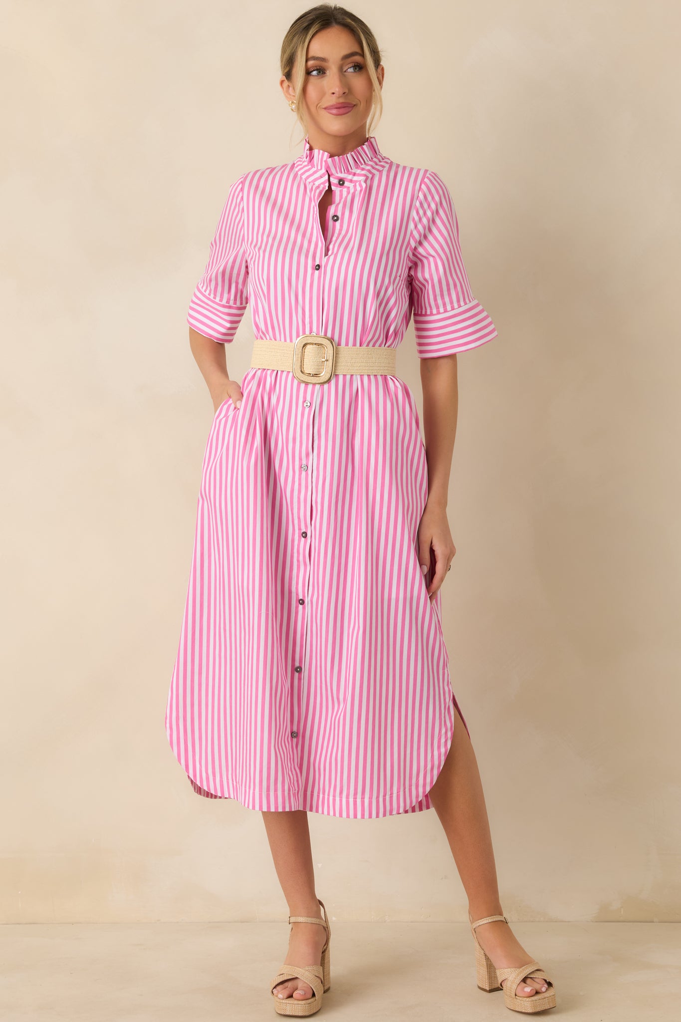 Full body front view showing the flowy midi length and soft movement of the woven fabric.