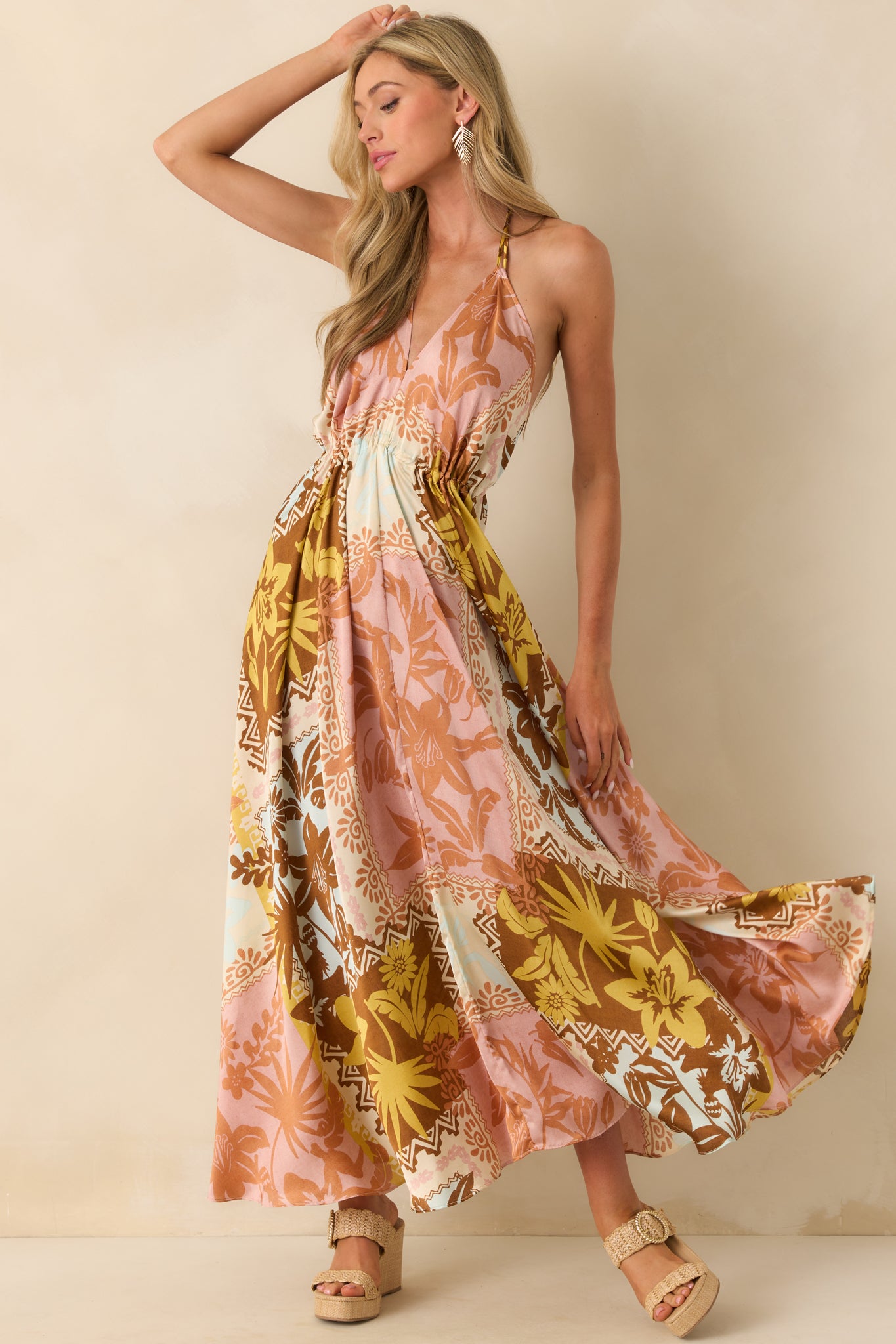 Women's All Roads Lead Here Pink Coral Patchwork Print Maxi Dress | Size: L