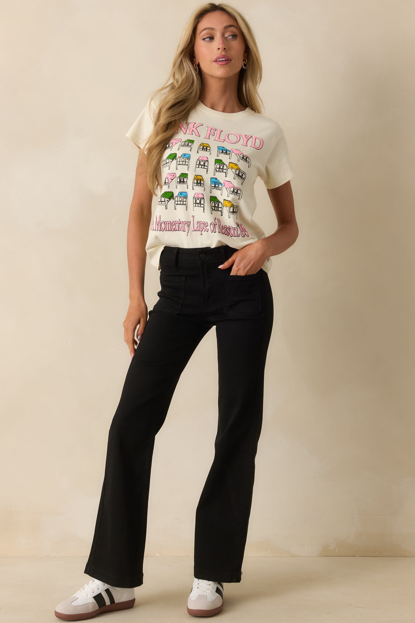 A full body shot highlighting the relaxed fit and casual short sleeves.