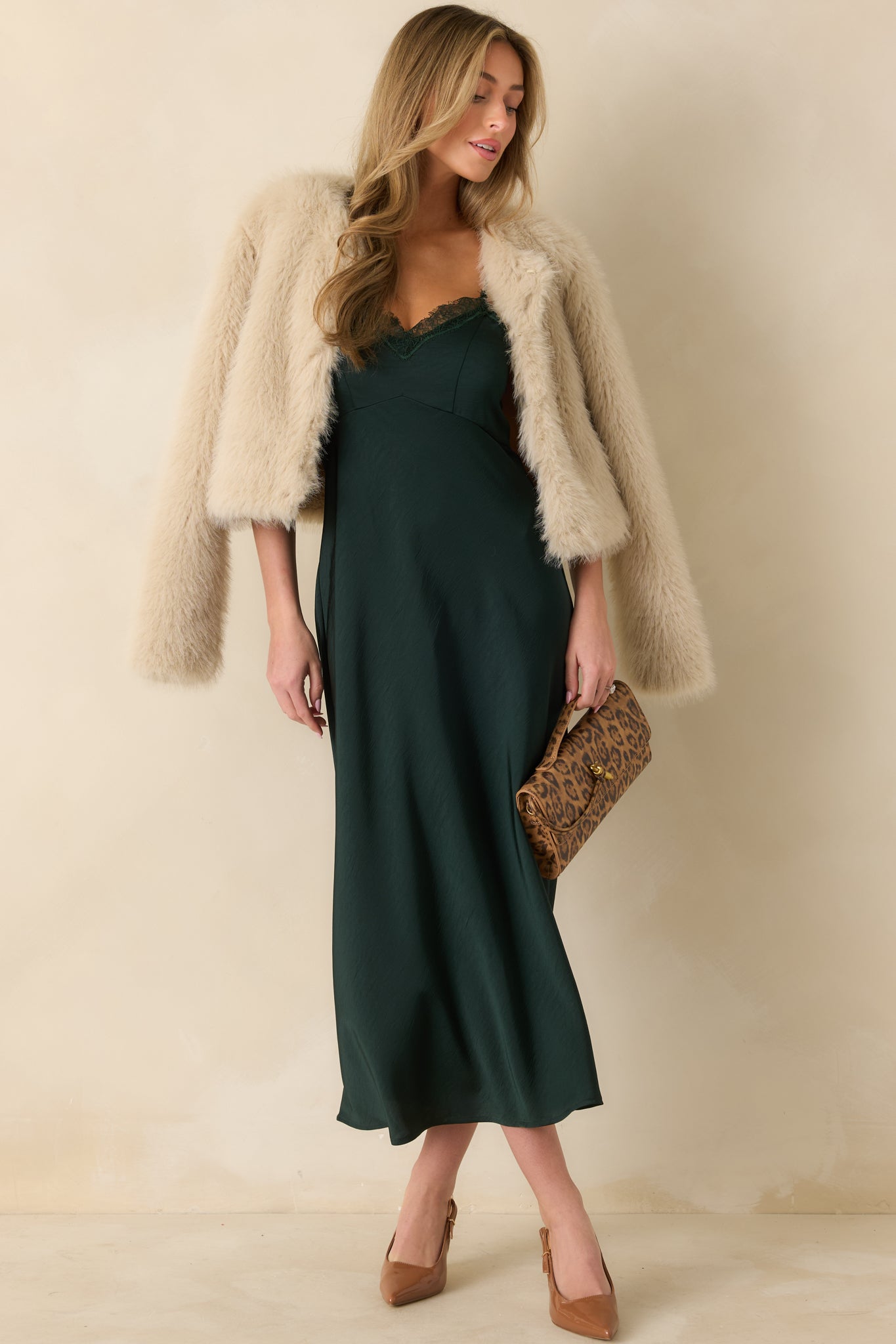 Full-length front perspective highlighting straight hem and flowy A-line silhouette of the dress.