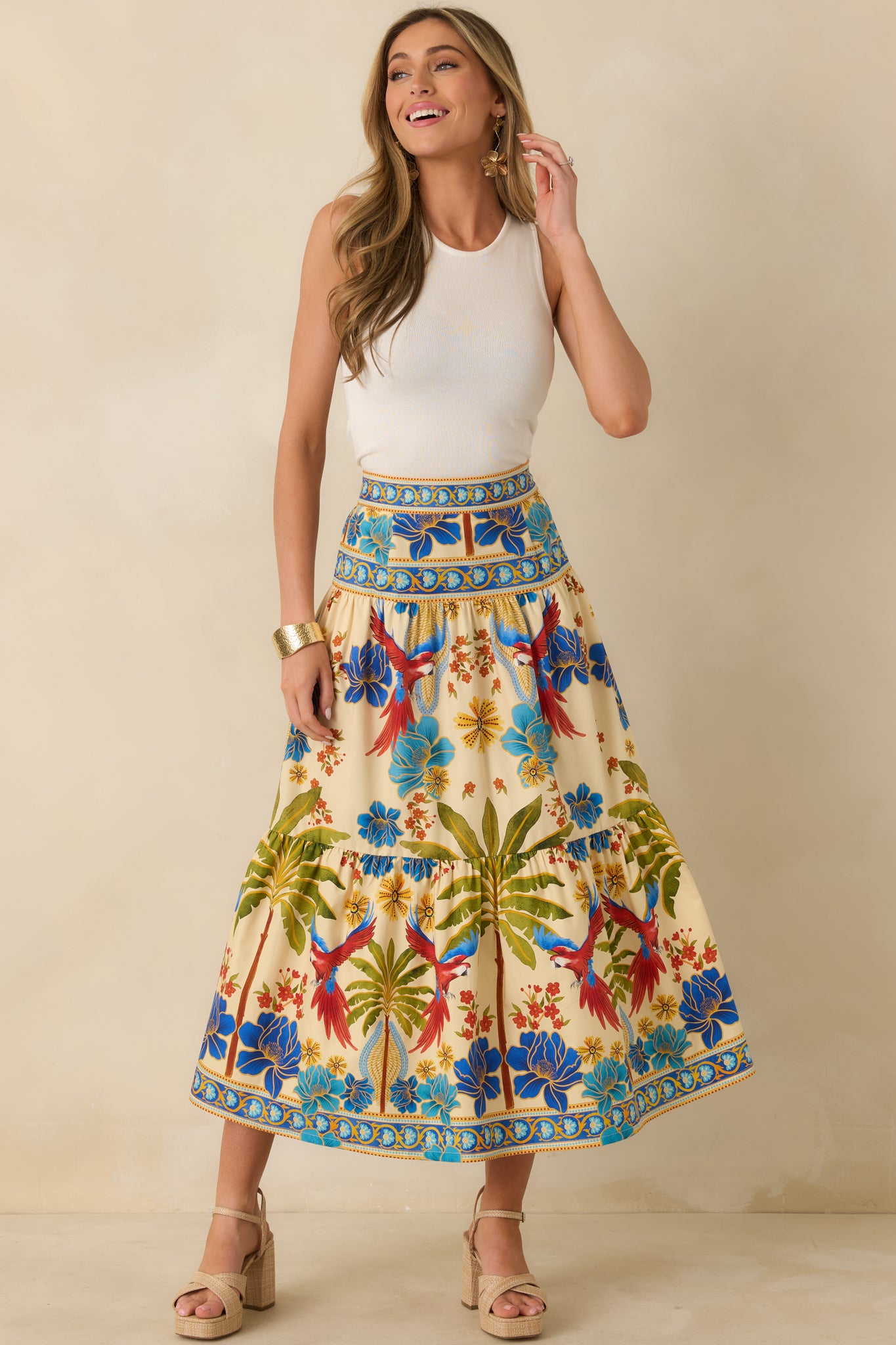 Full-length view highlighting midi-to-maxi length and allover vibrant multicolor print.