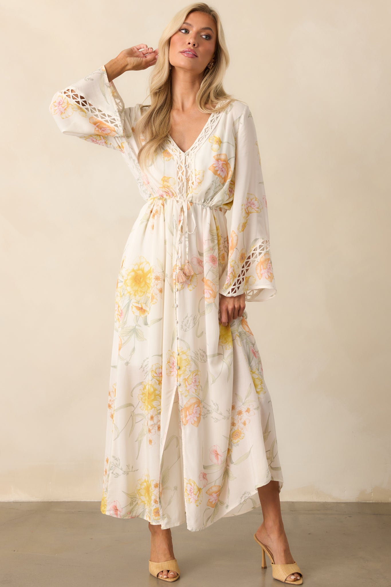 Ivory Floral Print Rayon Maxi Dress - Long Sleeve Dresses | Red Dress Ivory Floral Print Rayon Maxi Dress - Long Sleeve Dresses | Red Dress