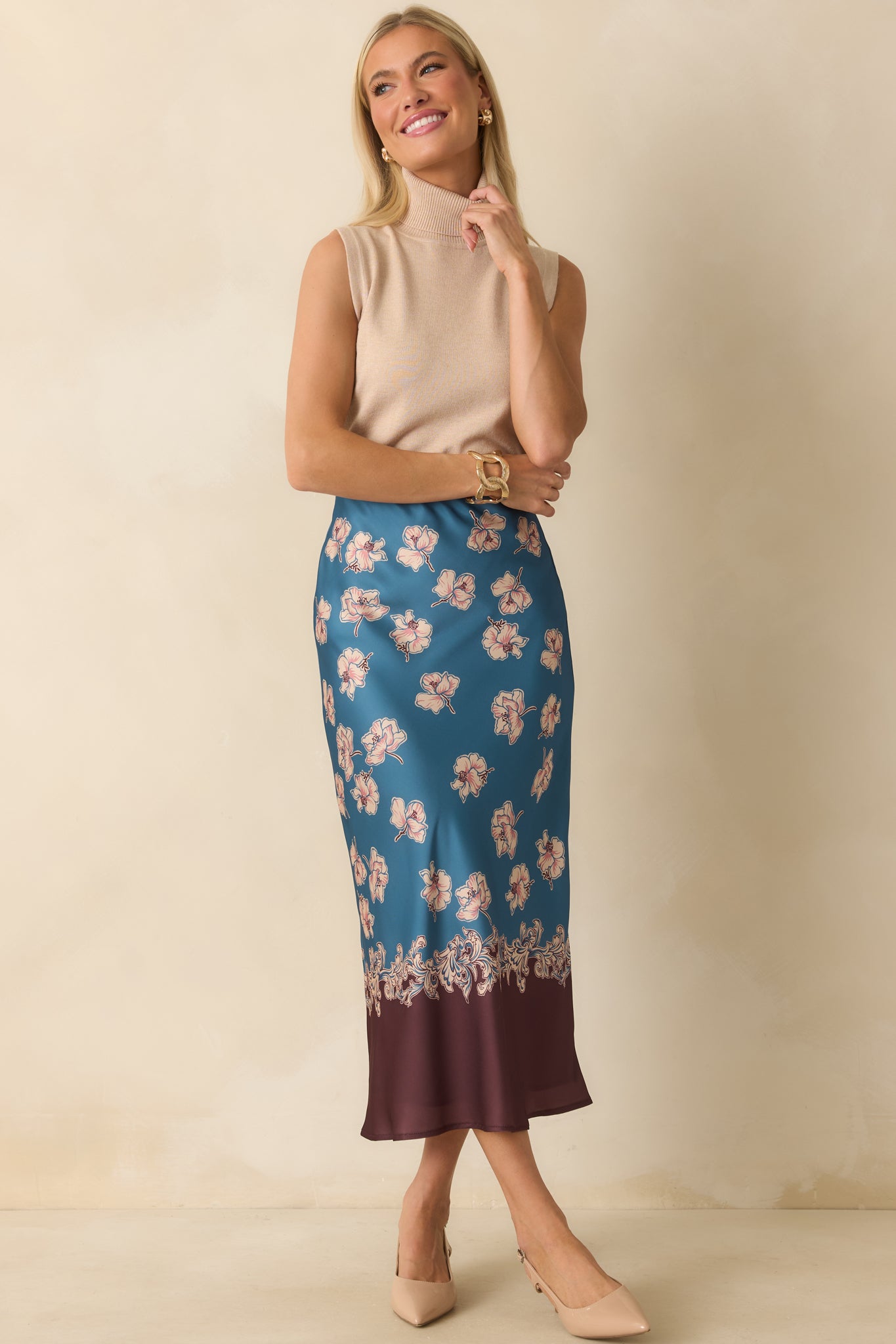 Straight-on full body shot highlighting the soft knit fabric and the ribbed roll turtleneck.