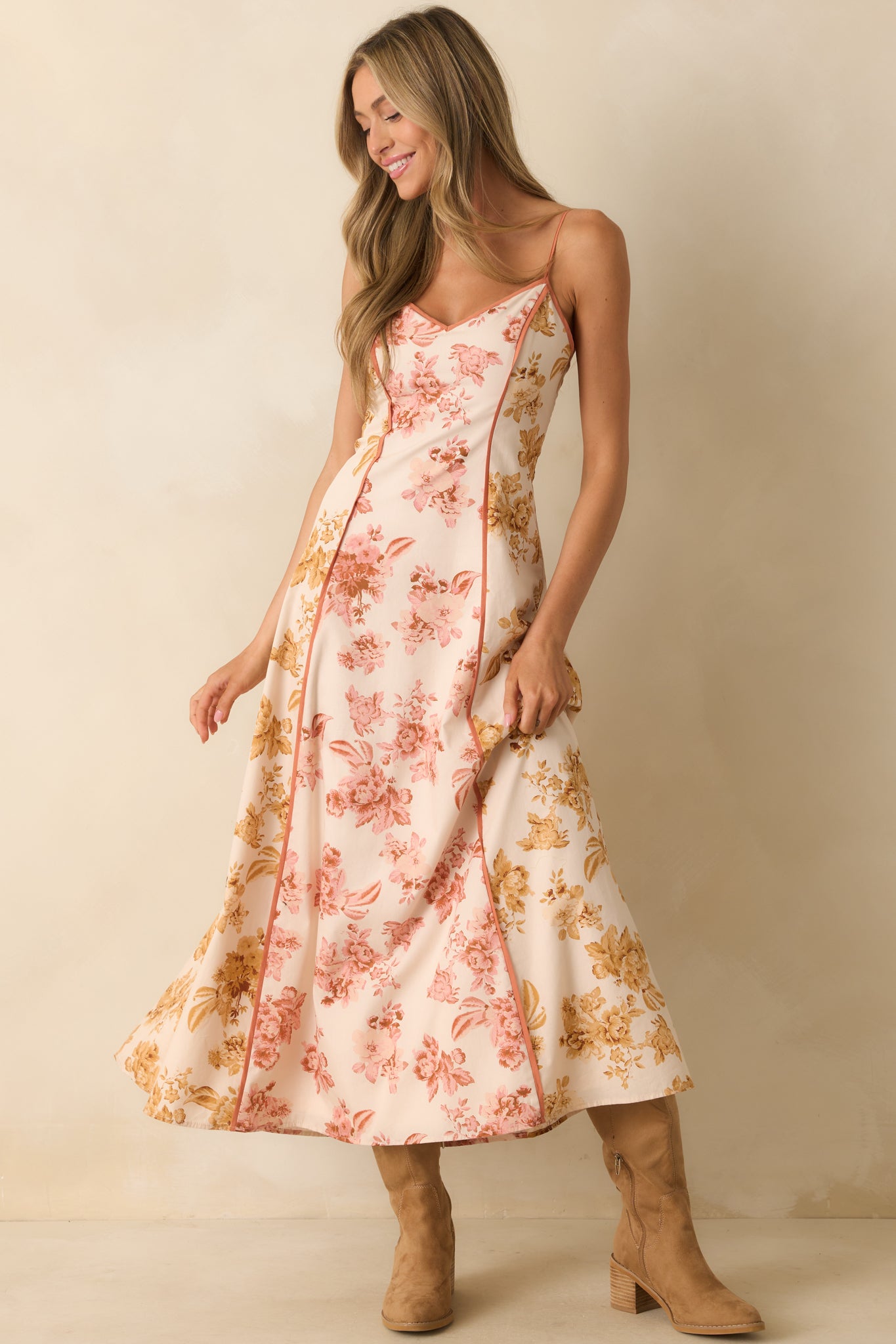 A complete shot of the flowing maxi dress capturing the rose pink floral print and overall length.