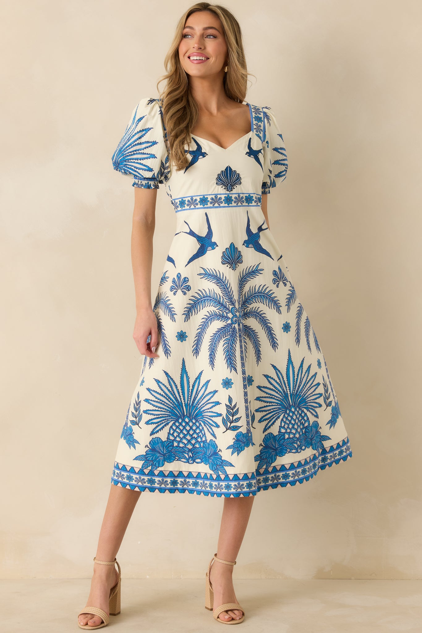 Aylaya Godthab Vibrant Blue & Ivory Cotton Tropical Print Midi Dress Aylaya Godthab Vibrant Blue & Ivory Cotton Tropical Print Midi Dress