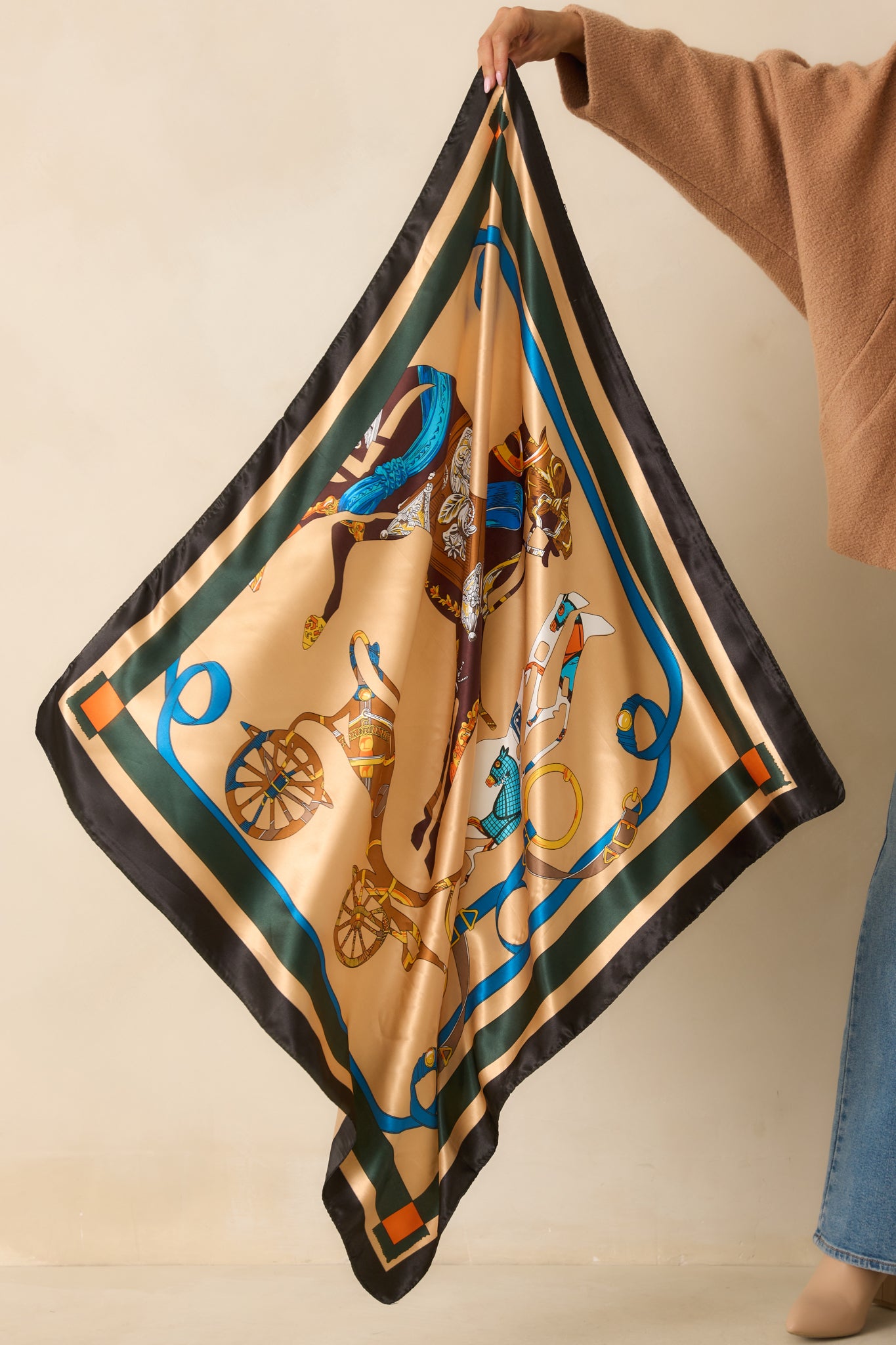 A full display of the scarf highlighting the satin finish and multicolor detailing throughout the pattern.