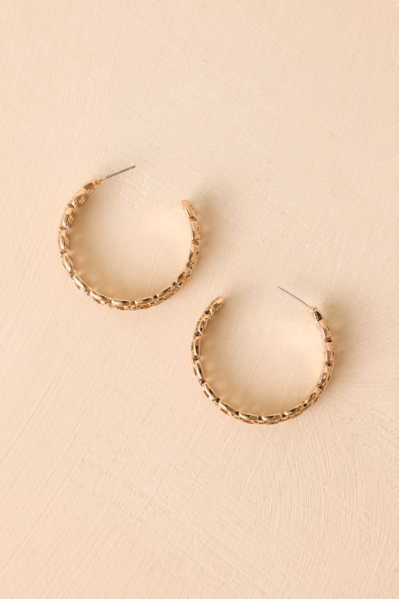 Gold-tone chain mesh hoop earrings displayed to highlight the open silhouette and textured linked construction.