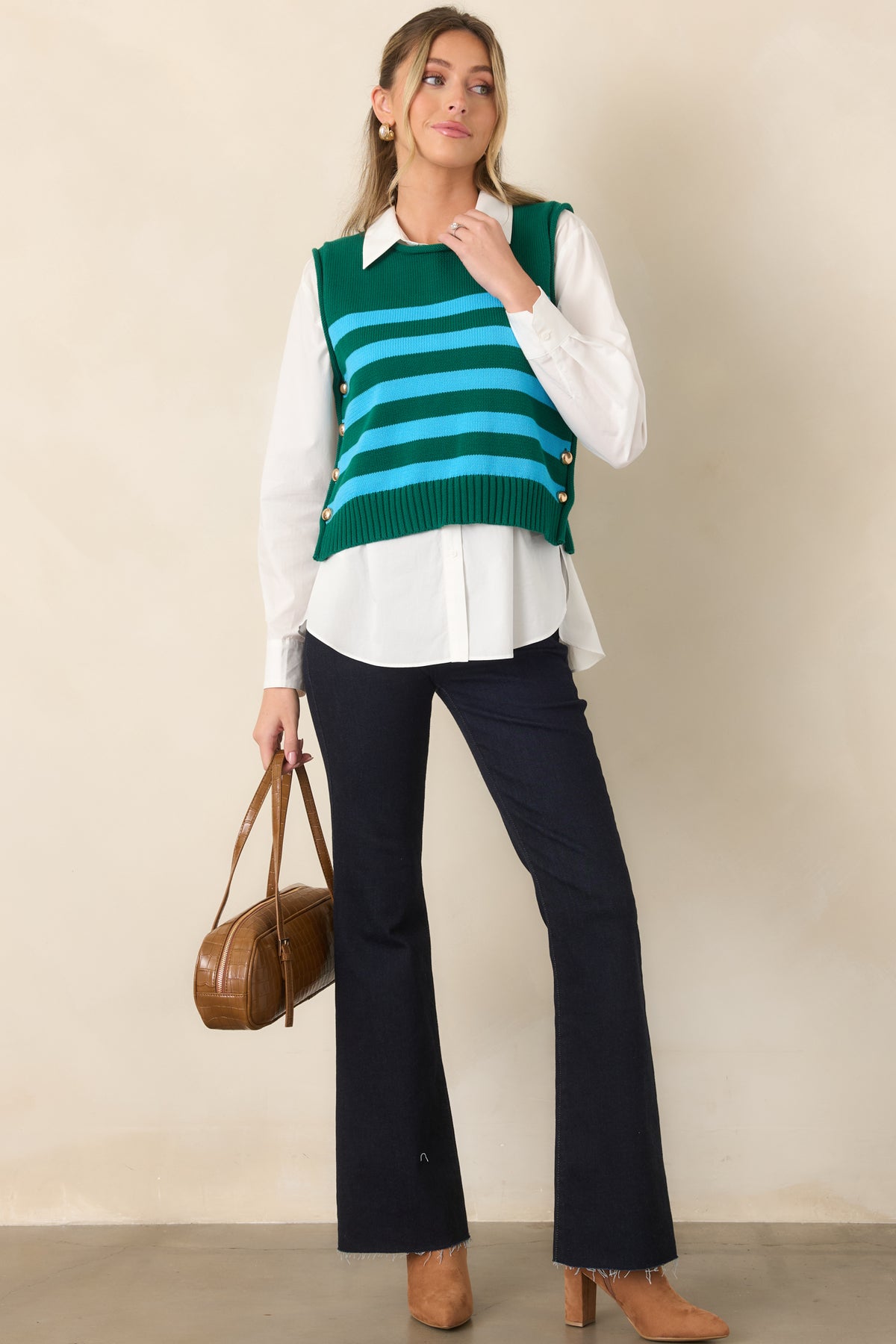 Casual cotton top showcasing vivid aqua stripes against a deep green background, finished with ribbed neckline and hem and gold-tone side accents.