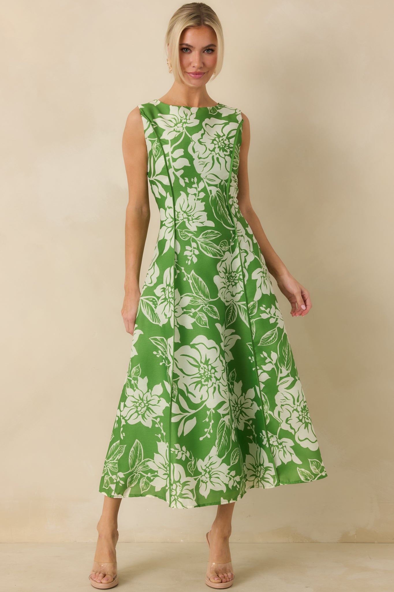 knee length dresses for ladies A Beautiful Becoming Green Floral Print Sleeveless Midi Dress