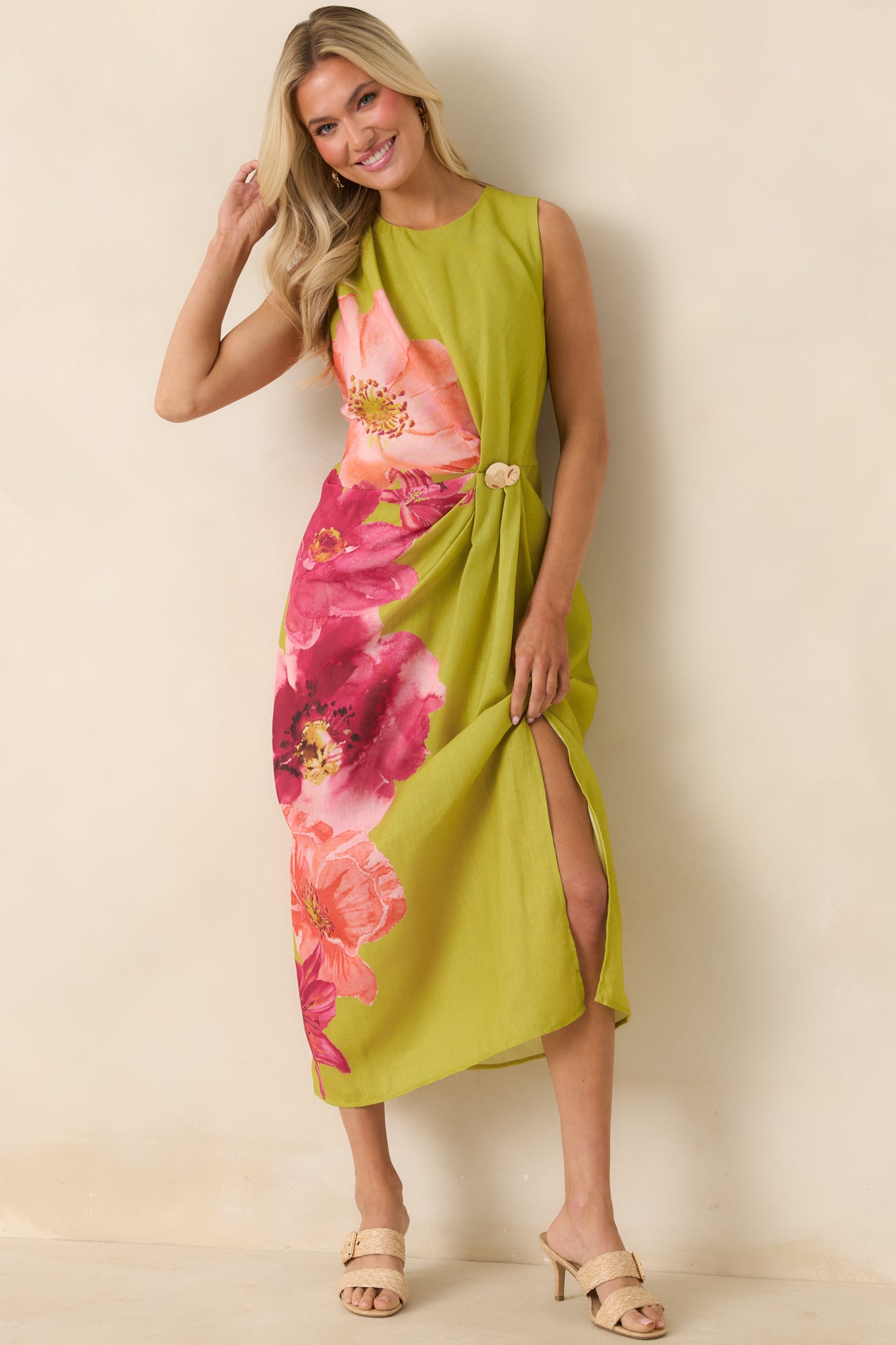 Women's Do a Double Take Chartreuse Multi Floral Print Midi Dress | Size: S | Red Dress Women's Do a Double Take Chartreuse Multi Floral Print Midi Dress | Size: S | Red Dress