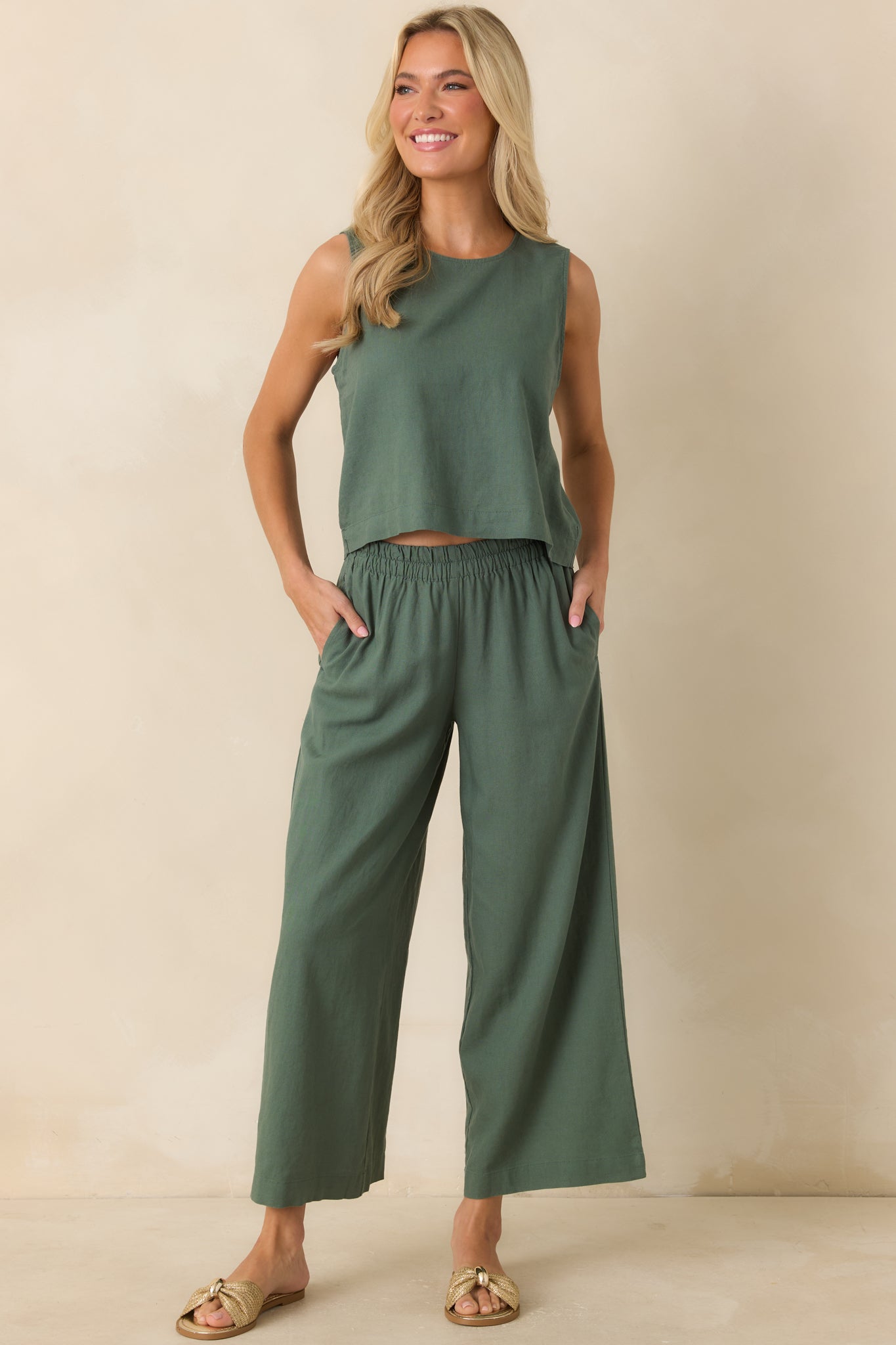 Green linen blend pants showcasing the ankle-length wide-leg fit, comfortable waistband, and effortless everyday style.