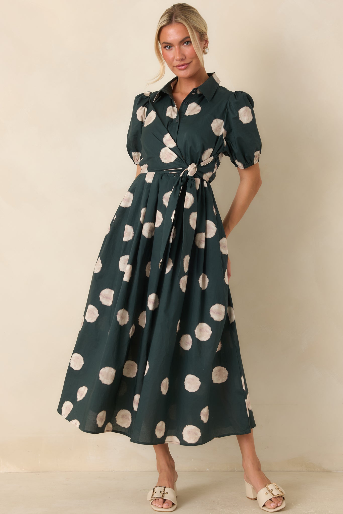 Women's Entro Gather Around Hunter Green Dot Print Cotton Midi Dress | Size: S