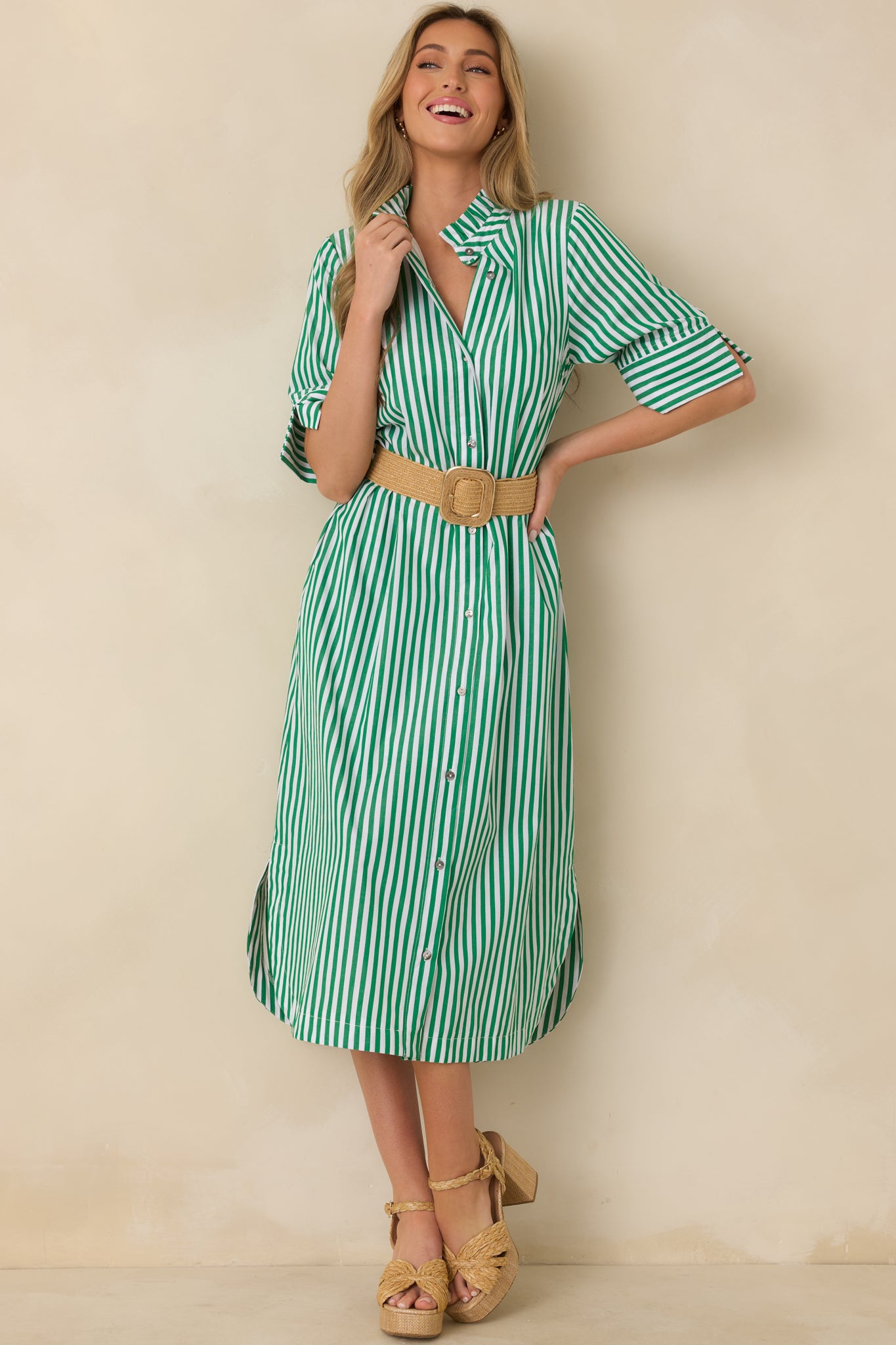 Green striped midi shirt dress featuring a button-front closure and softly ruffled collar.