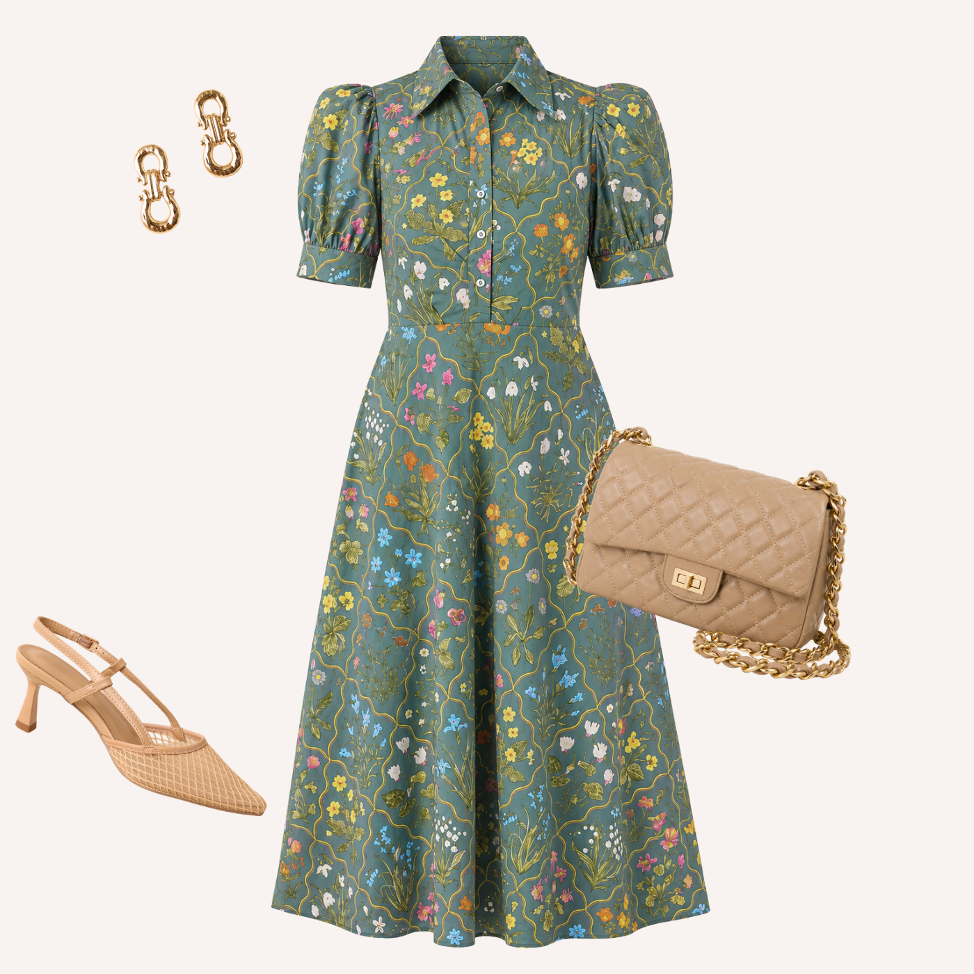 A styled fashion flat-lay featuring a green short-sleeve midi dress with a colorful floral print, a beige quilted shoulder bag with a gold chain strap, beige slingback heels, and gold chain-link earrings, all arranged on a light cream background.