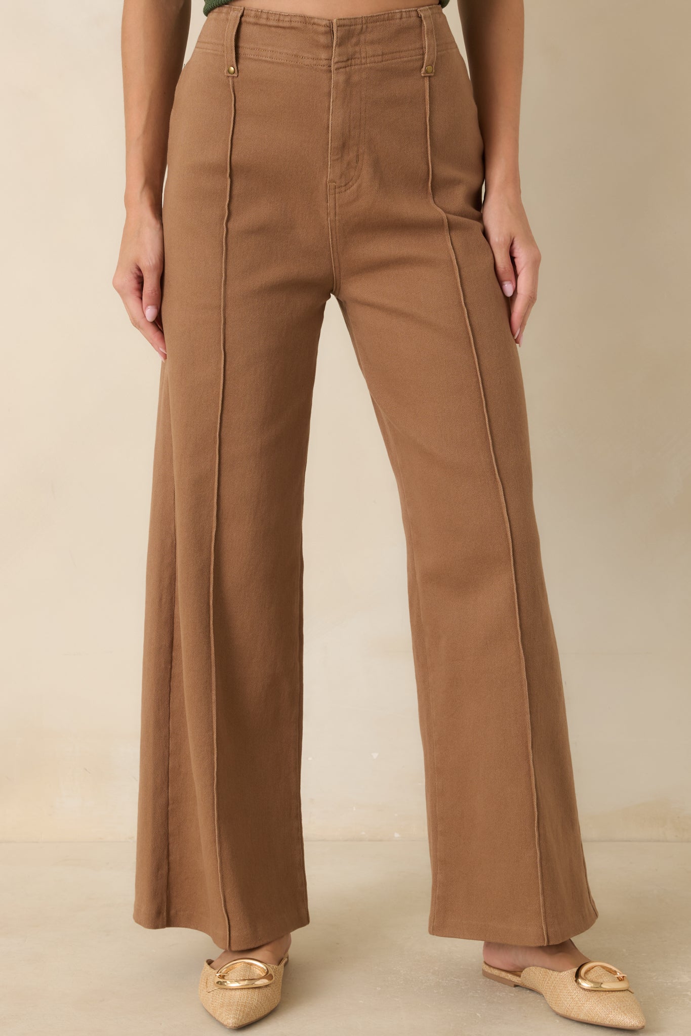 Close view of high-rise pants highlighting the front pleats, waistband, and soft cotton blend fabric.