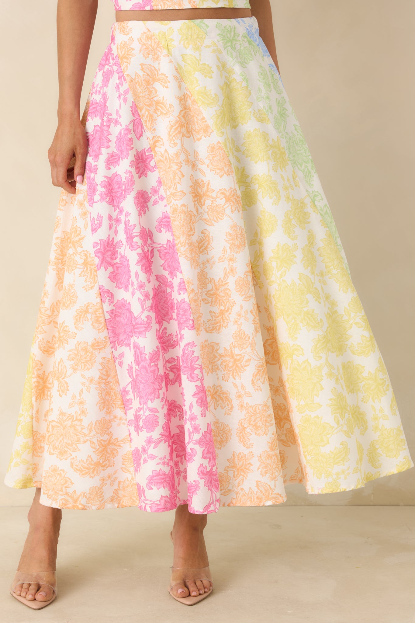 Red Dress | Multi Floral Cotton Linen Midi Skirt