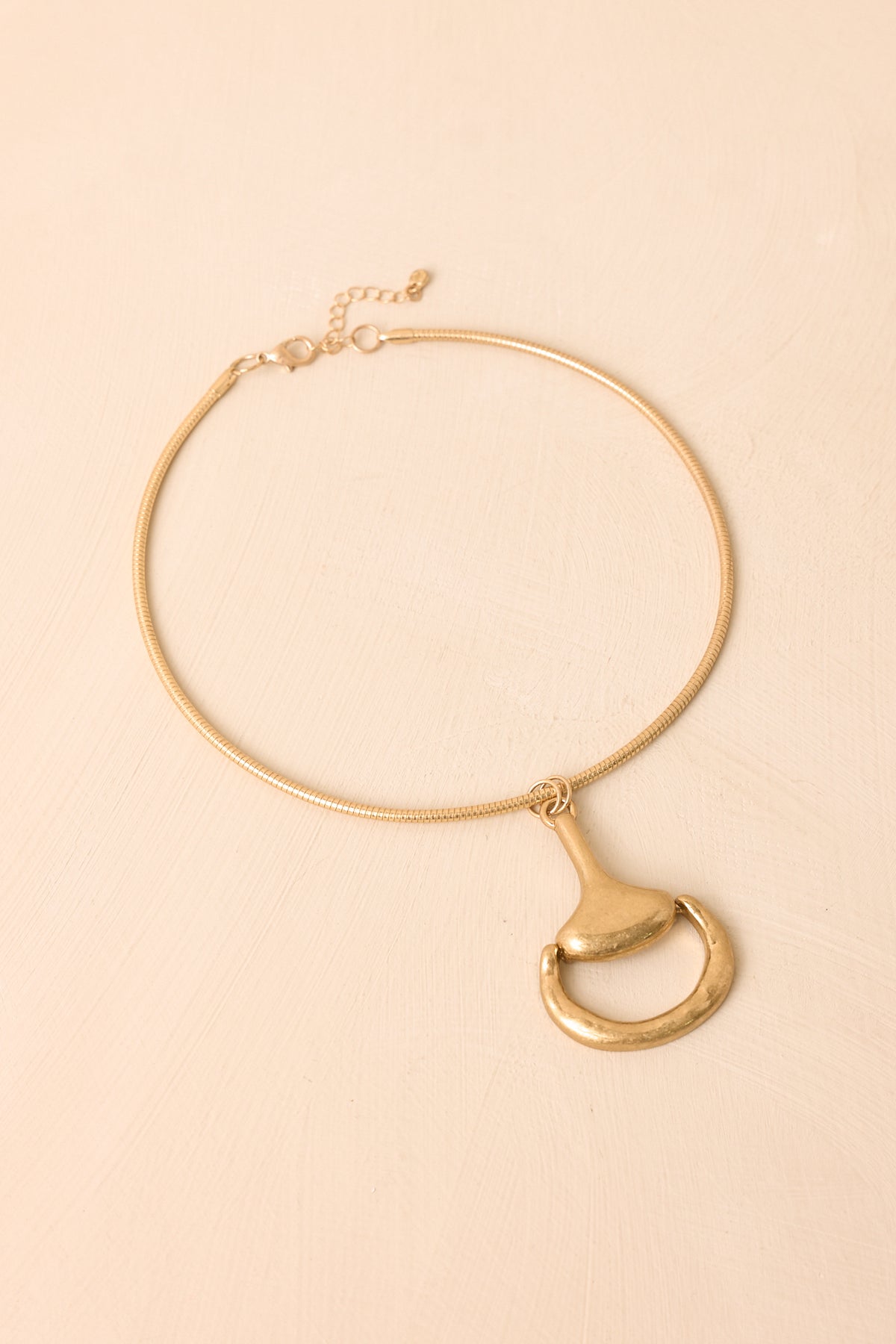 Horsebit-inspired necklace displayed against a beige background, highlighting its sculptural pendant and organic texture.
