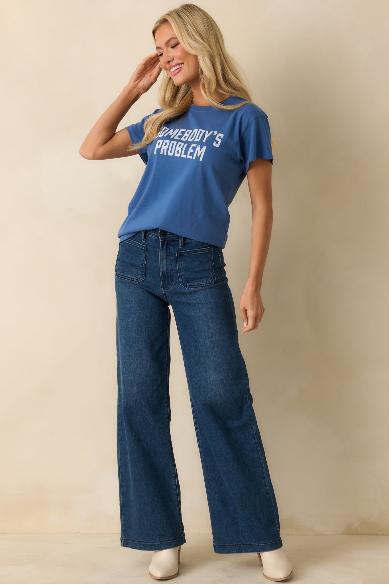 Front view of the indigo tee emphasizing the crew neckline and bold Morgan Wallen-inspired graphic.