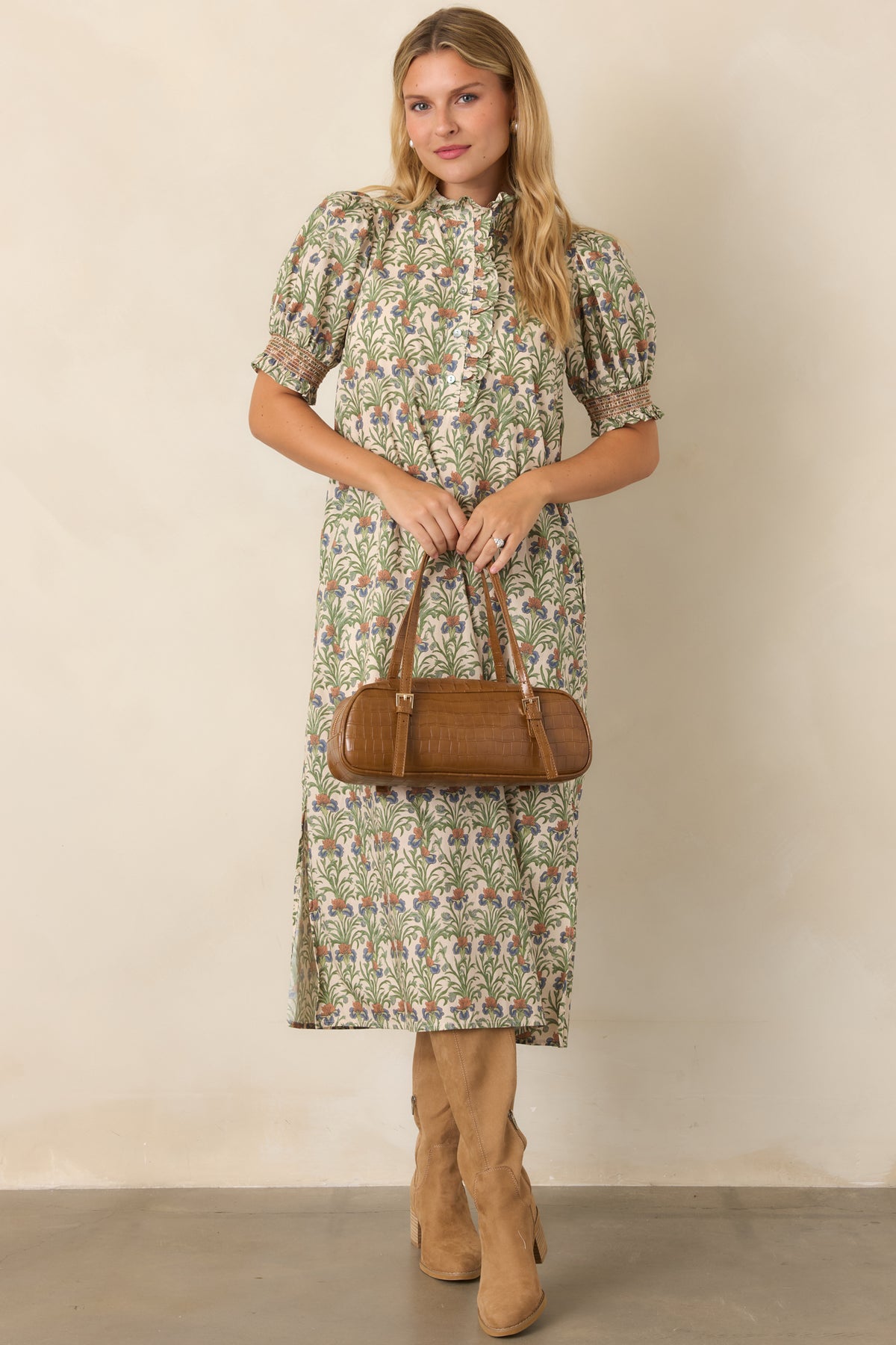 Breathable cotton dress showcasing an earthy botanical print with dusty blue and warm tan accents.