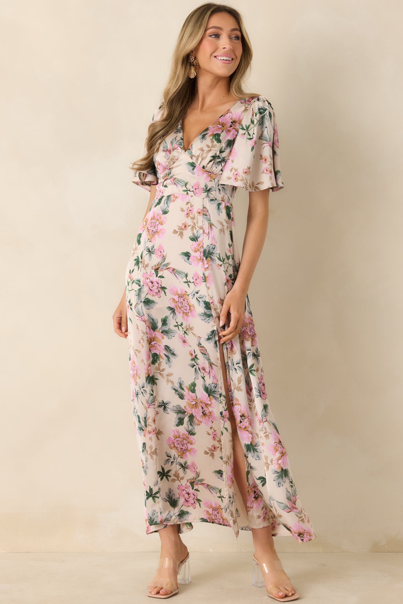 Women's Rosewood Romance Ivory Multi Floral Flutter Sleeve Maxi Dress | Size: L