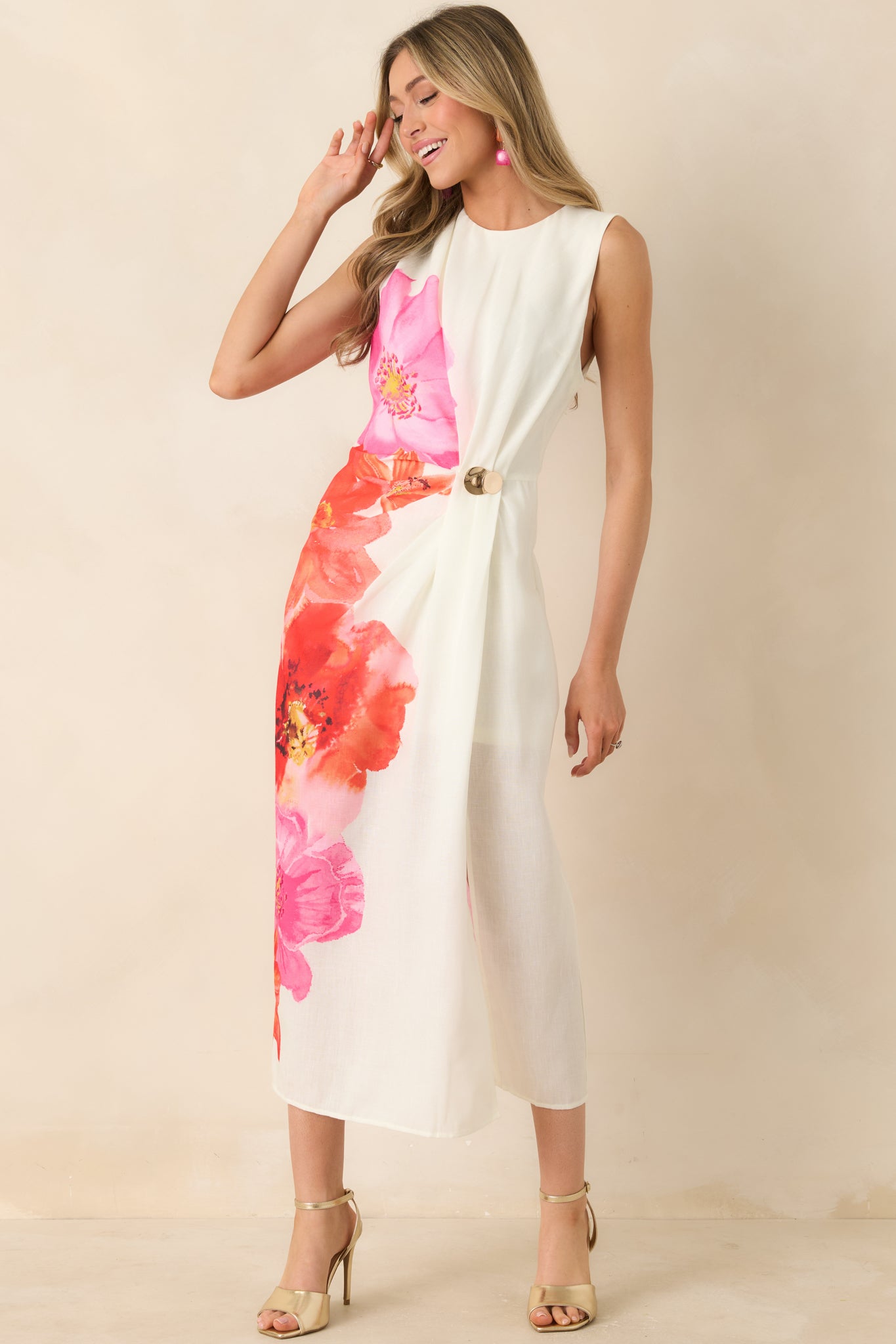 Women's Do a Double Take Ivory Multi Floral Print Midi Dress | Size: L