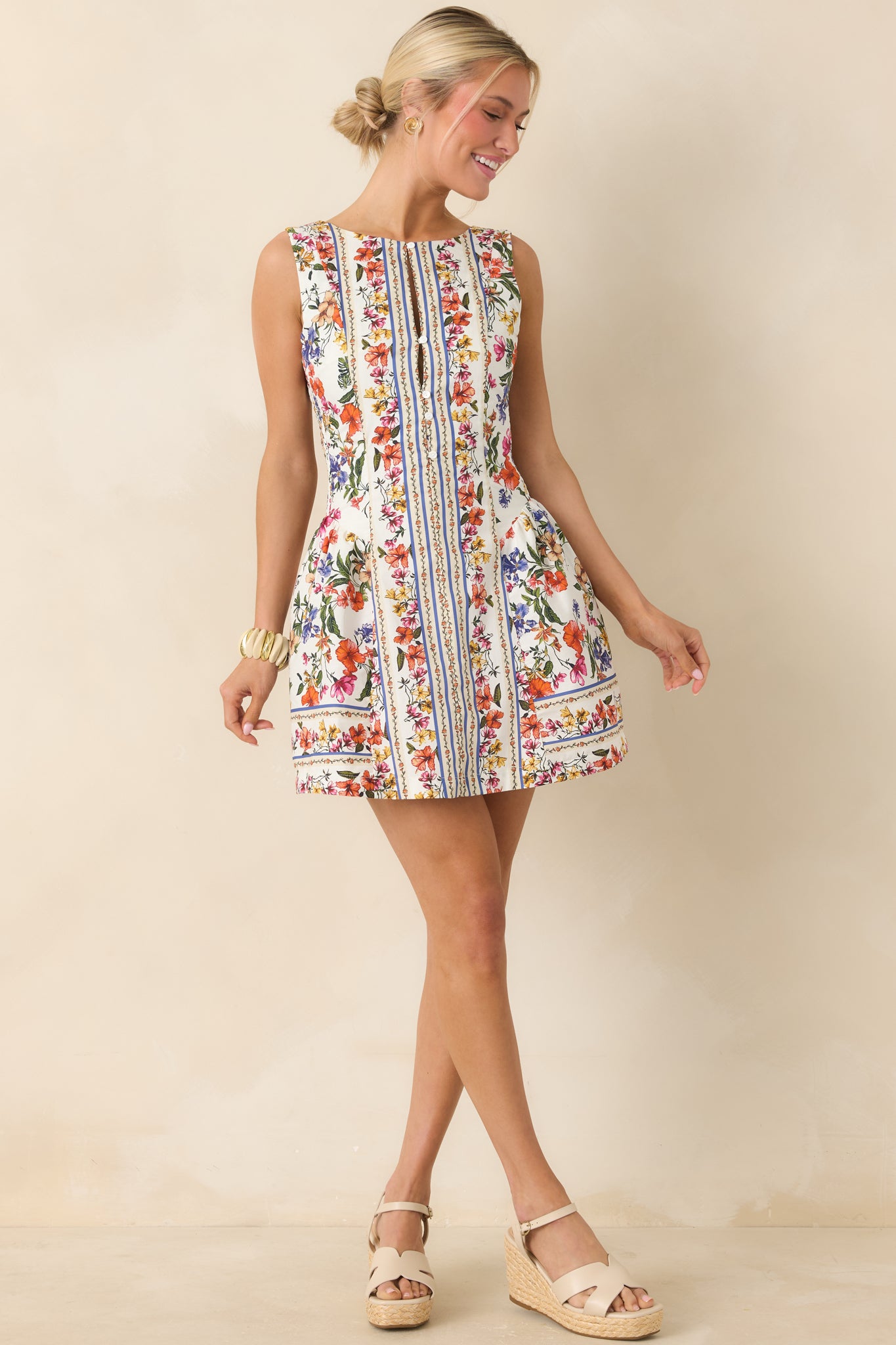 white christmas dresses Red Dress | Ivory Floral Cotton Sleeveless Mini Dress