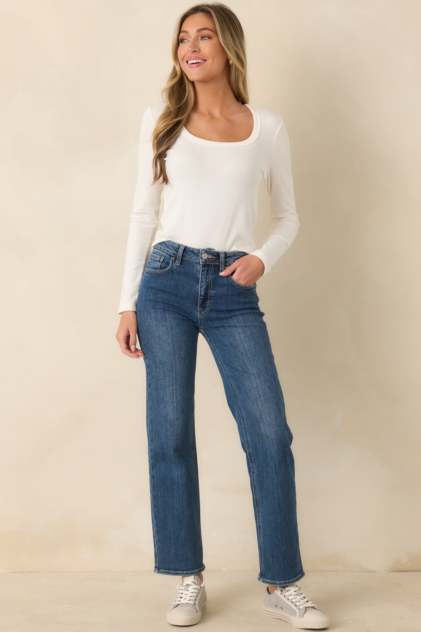 Ivory scoop neck shirt with a polished silhouette, comfortable fit, and timeless wardrobe appeal.