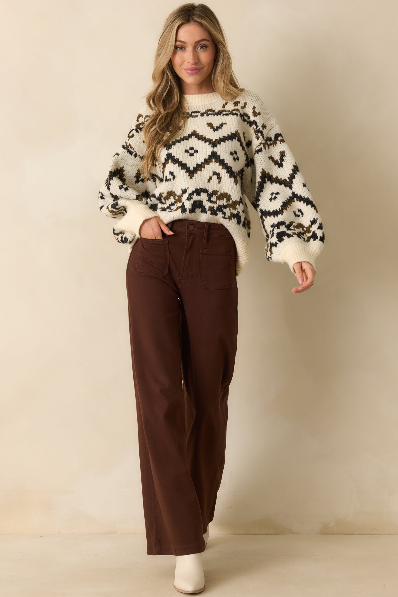 off shoulder knit midi dress with faux fur - ivory Women's Start Of Something New Ivory Multi Fair Isle Knit Crewneck Sweater Shirt | Size: M/l