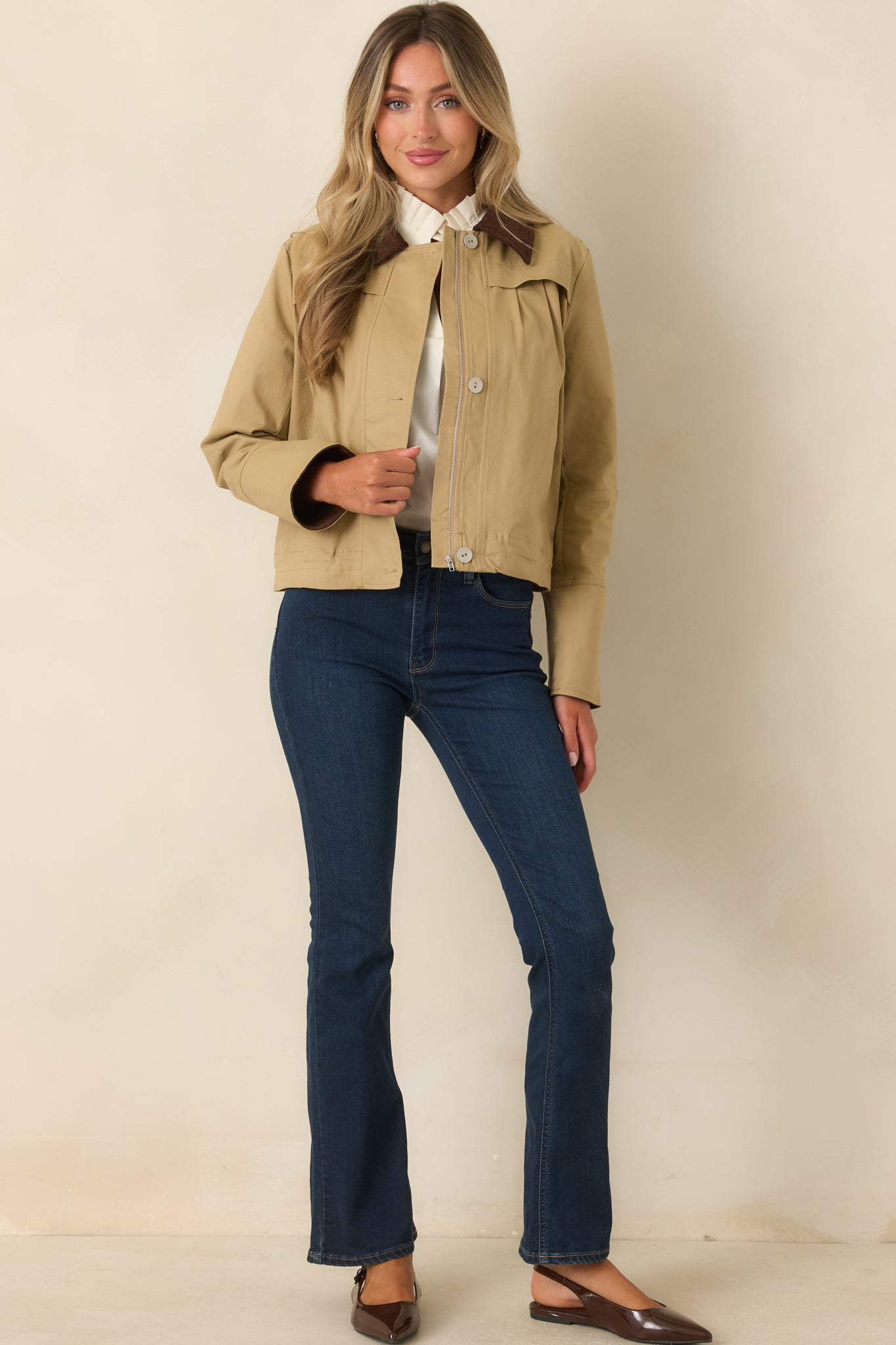 Khaki stretch cotton blend jacket featuring a brown corduroy collar, hidden front zipper, three-button closure, and cropped silhouette.