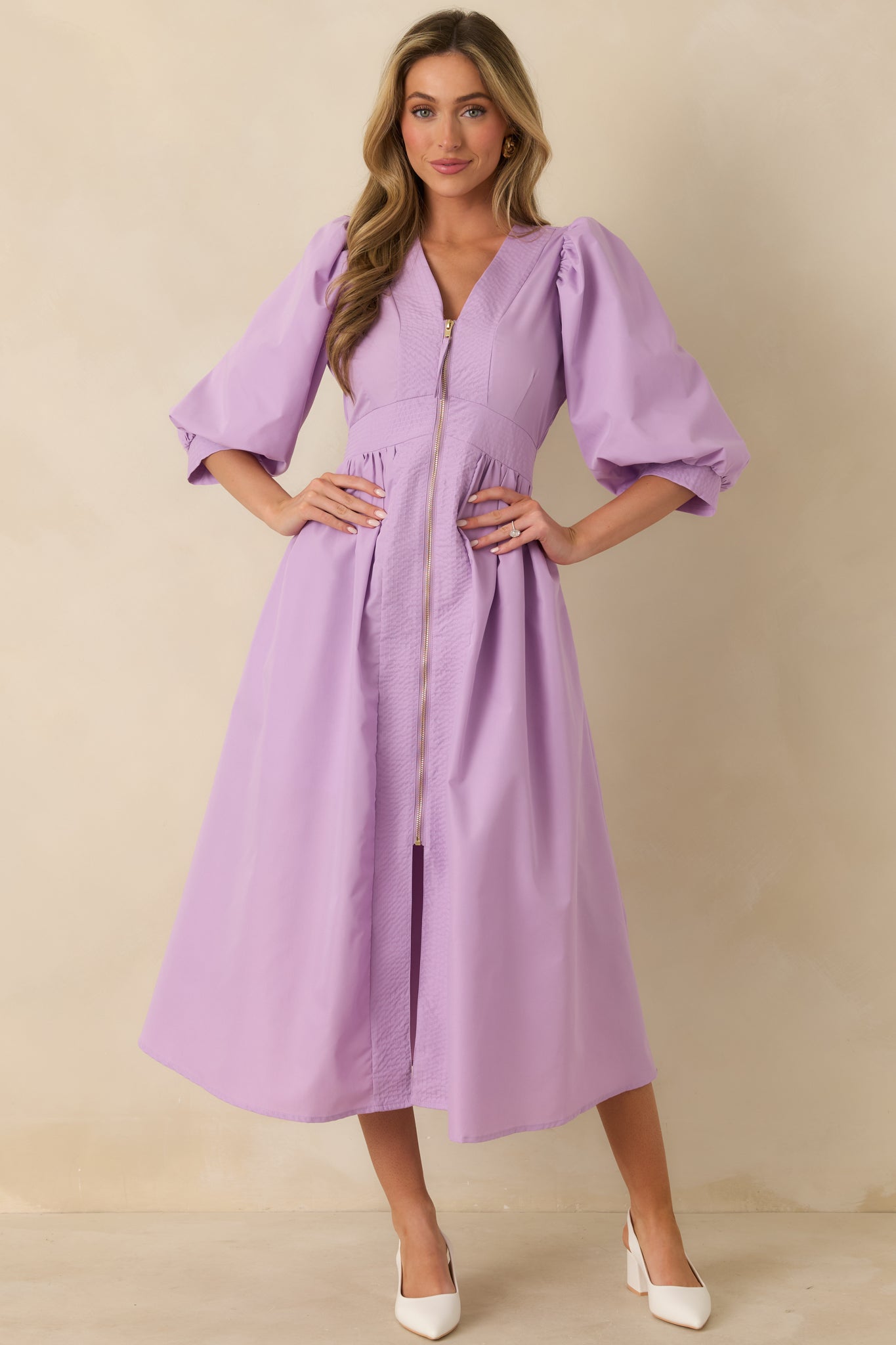 Full-length front view of the lavender woven dress emphasizing the fluid drape and polished midi-length hem.