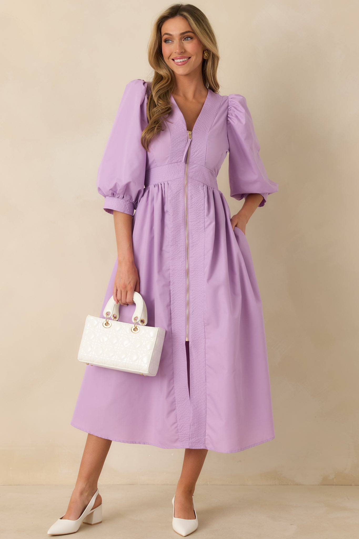 blouson dress dresses Lavender Blouson Sleeve Zip Up Midi Dress - All Dresses