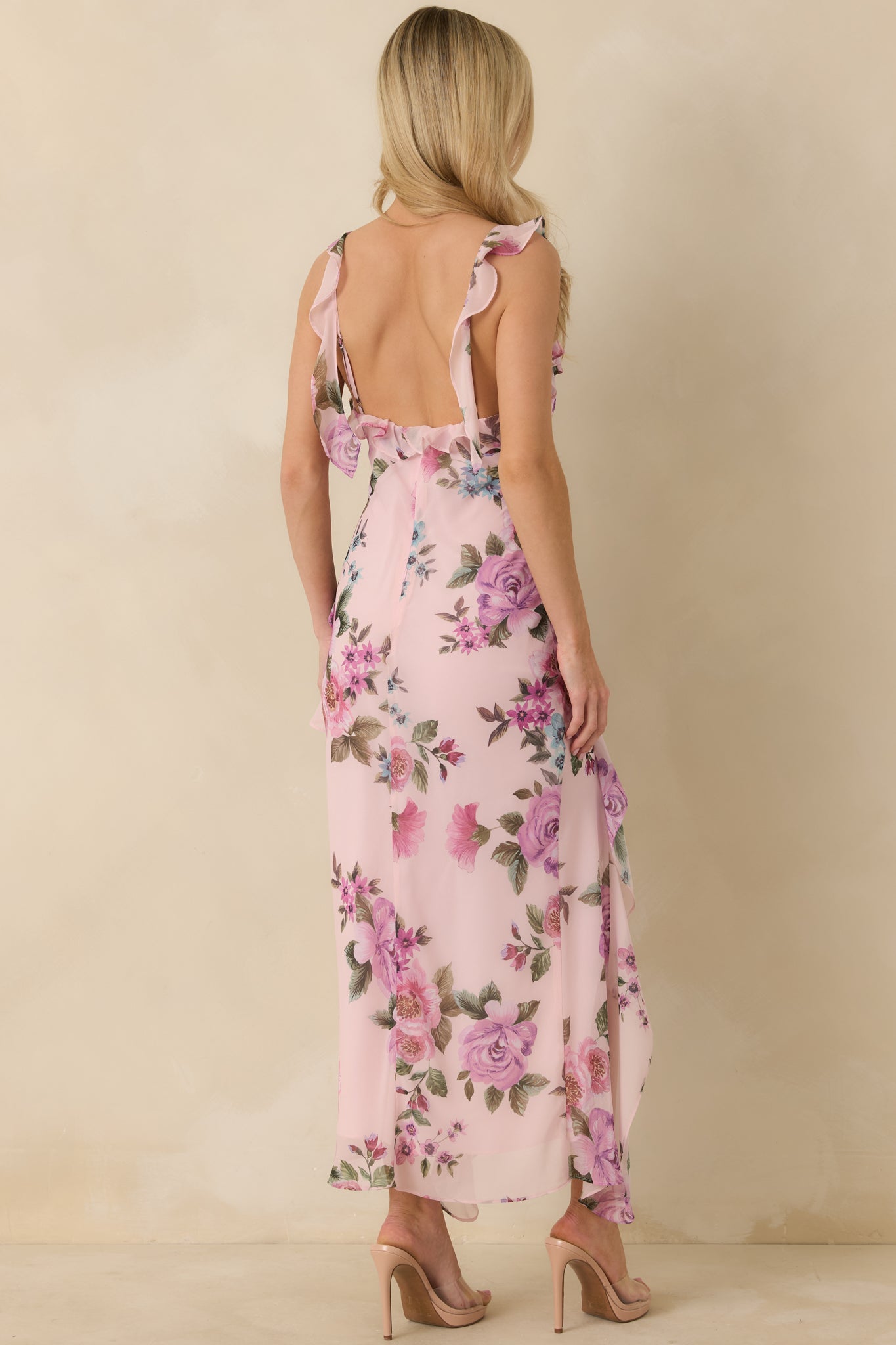 Lavender multi chiffon maxi dress showing the open scoop rear detail and elasticized waistband.