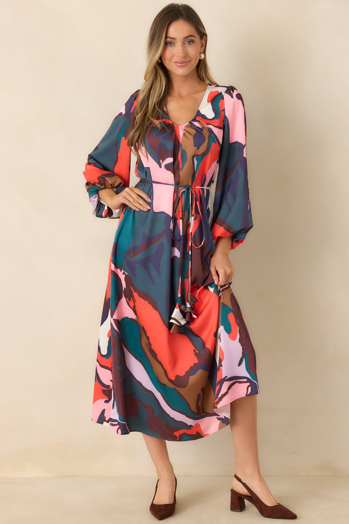 Relaxed Leaf Study midi dress with a removable skinny belt accented by decorative fabric tassels.