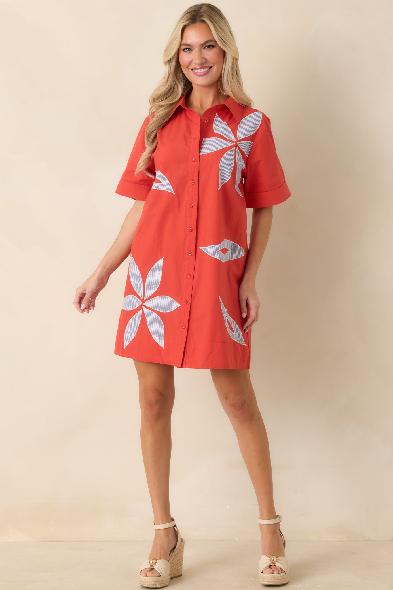 Bloom & Be Seen Poppy Red Cotton Floral Applique Mini Shirt Dress Bloom & Be Seen Poppy Red Cotton Floral Applique Mini Shirt Dress