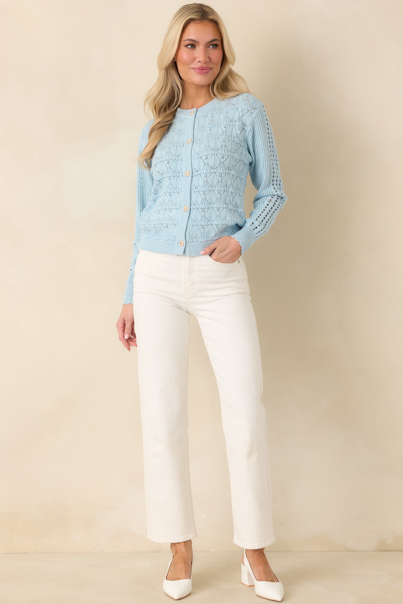Light Blue Pointelle Knit Button Front Cardigan - All Tops | Red Dress
