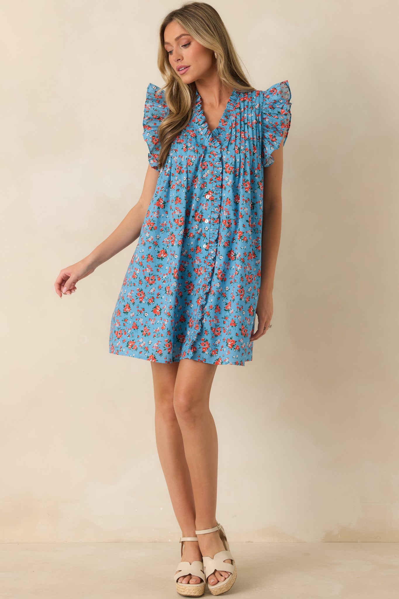 blue cotton mini dress Blue Cotton Paisley Belted V-Neck Mini Dress - All Dresses