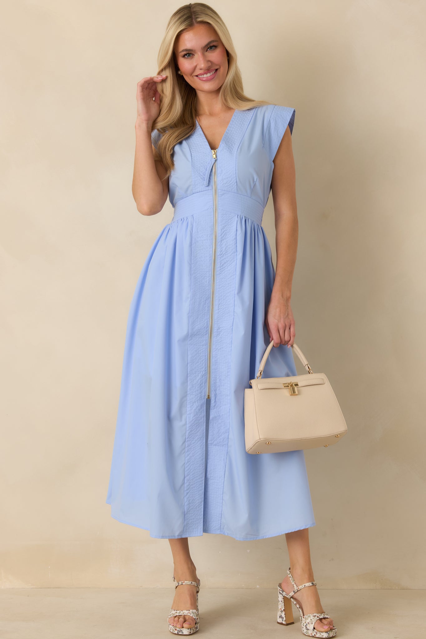 Light Blue Zip Up Midi Dress - All Dresses | Red Dress Light Blue Zip Up Midi Dress - All Dresses | Red Dress