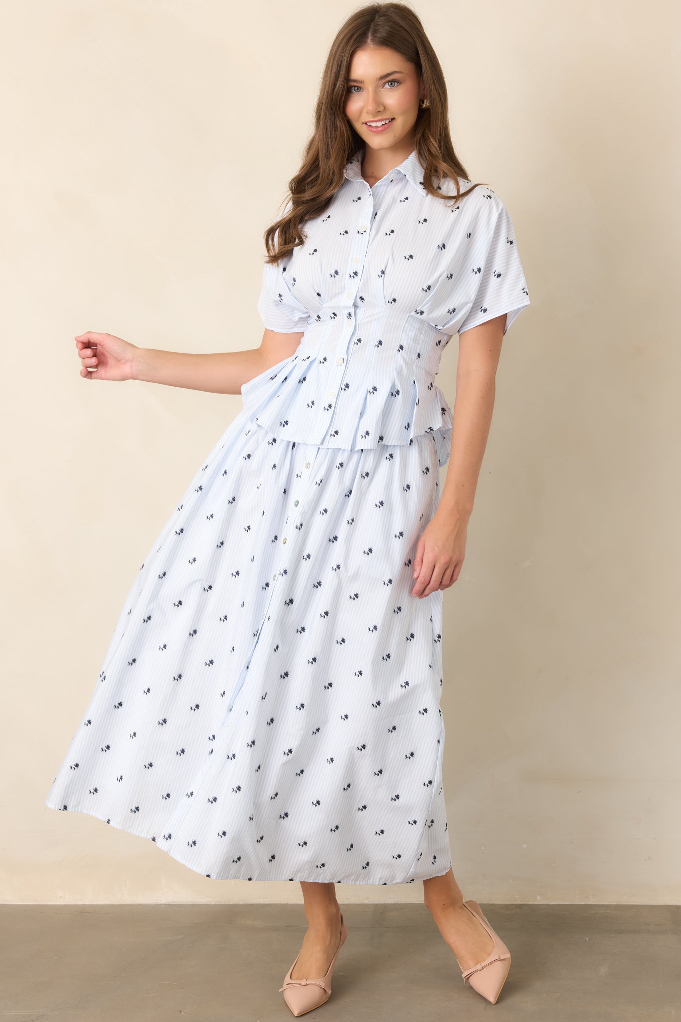 En Saison Veronica Blue Floral Stripe Button Front Peplum Top