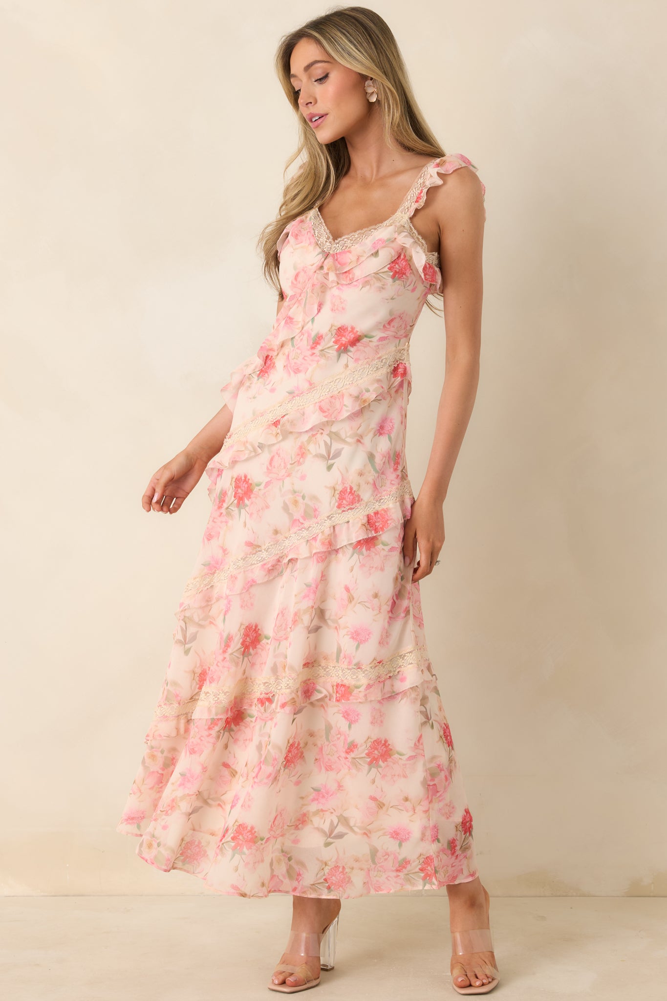 Women's Yours Always Coral Pink Floral Lace & Ruffle Trim Midi Dress | Color: Light Pink | Size: S | Red Dress Women's Yours Always Coral Pink Floral Lace & Ruffle Trim Midi Dress | Color: Light Pink | Size: S | Red Dress