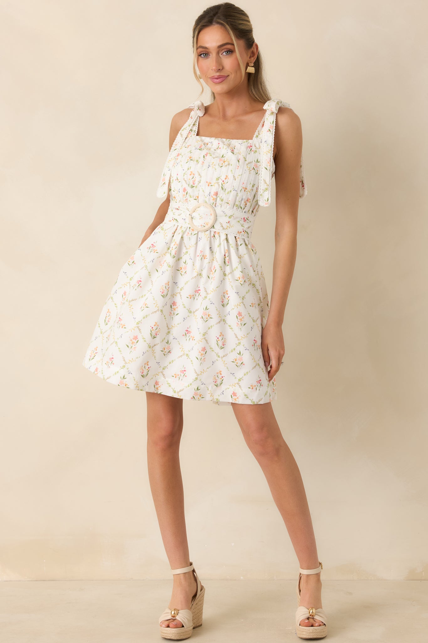 white christmas dresses Just Like Spring White Multi Cotton Floral Pleated Mini Dress