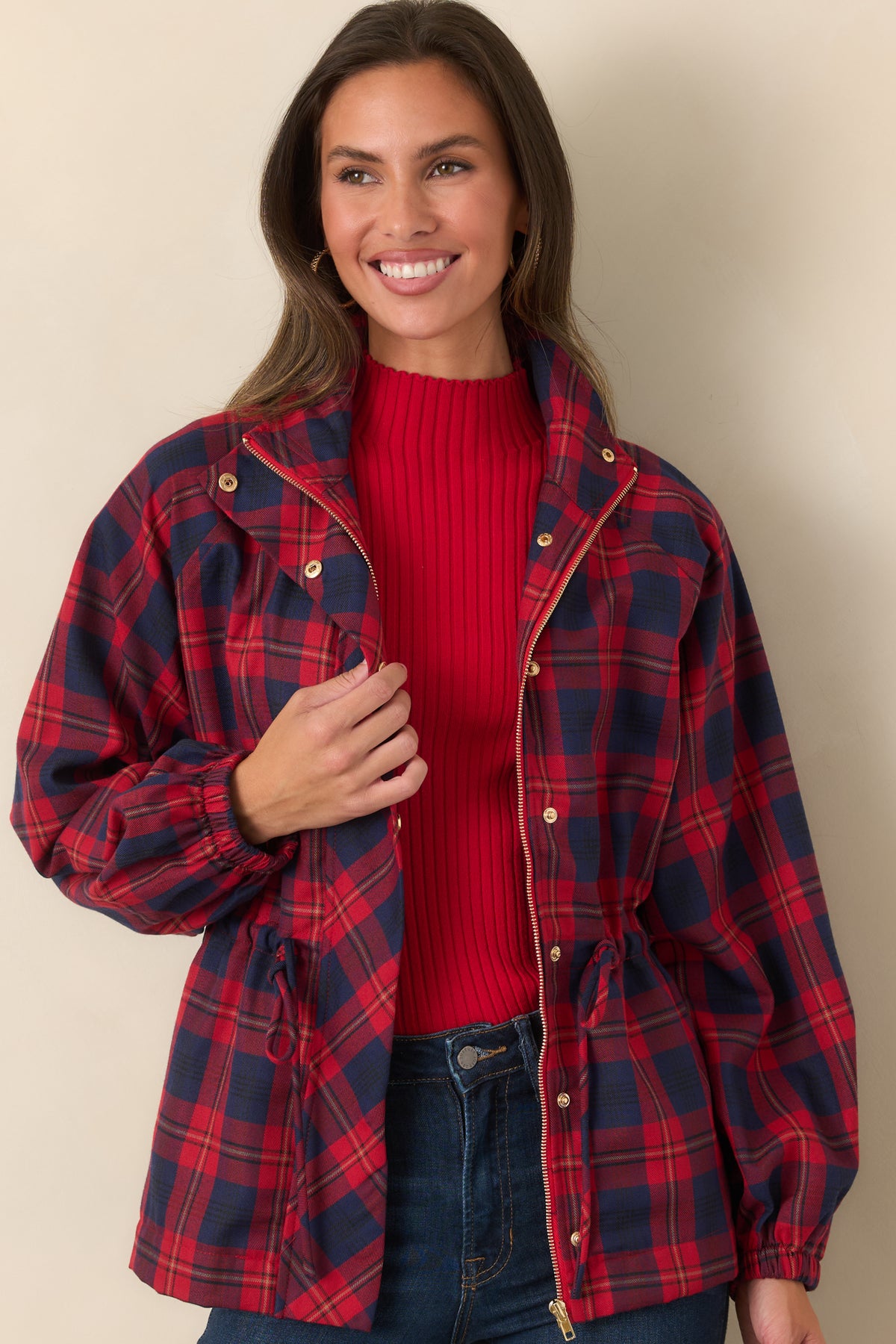 Lightweight plaid jacket featuring oversized front patch pockets and an adjustable drawstring waist.