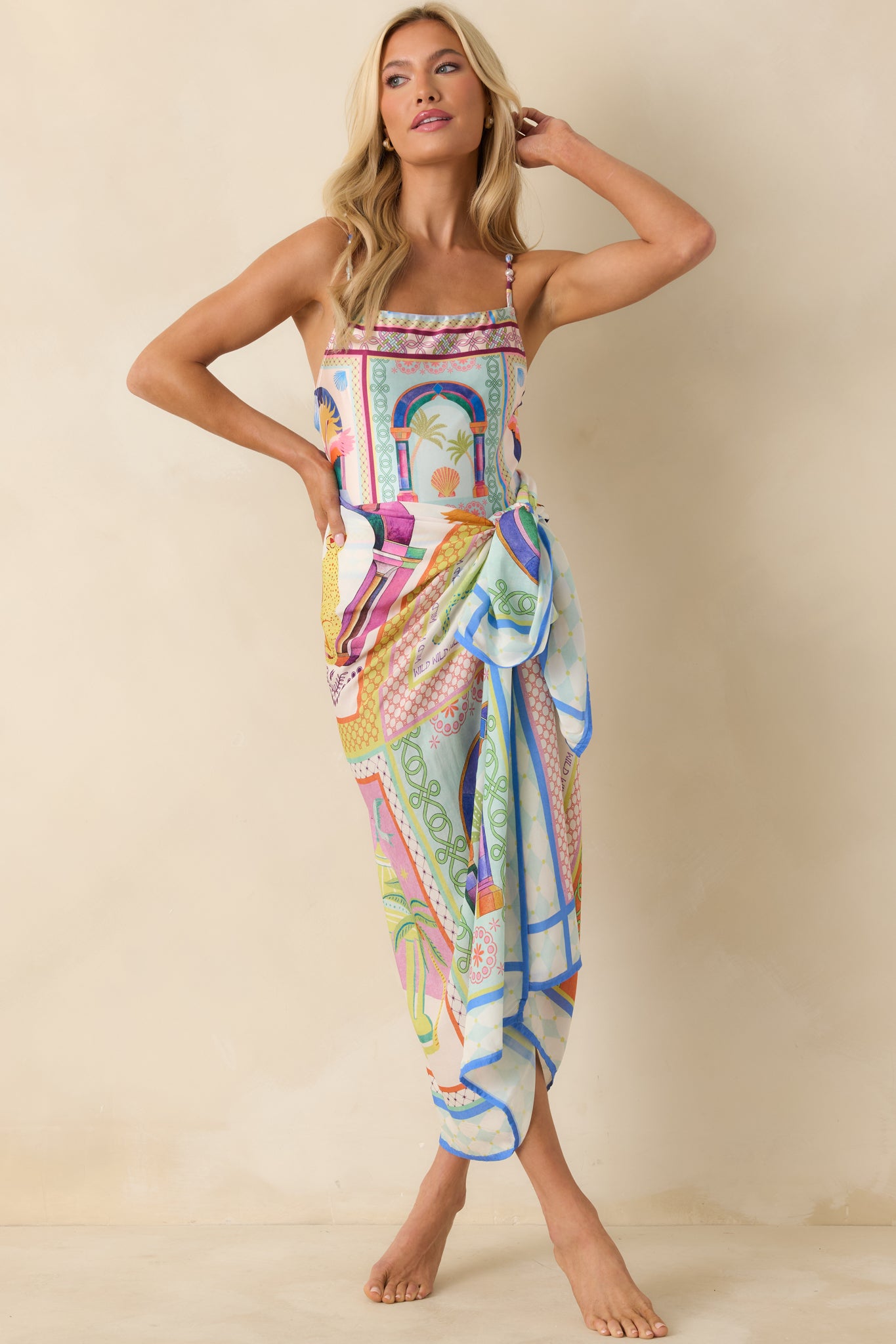 Lightweight sarong showcasing colorful multicolor pattern, soft drape, and tie waist detail.