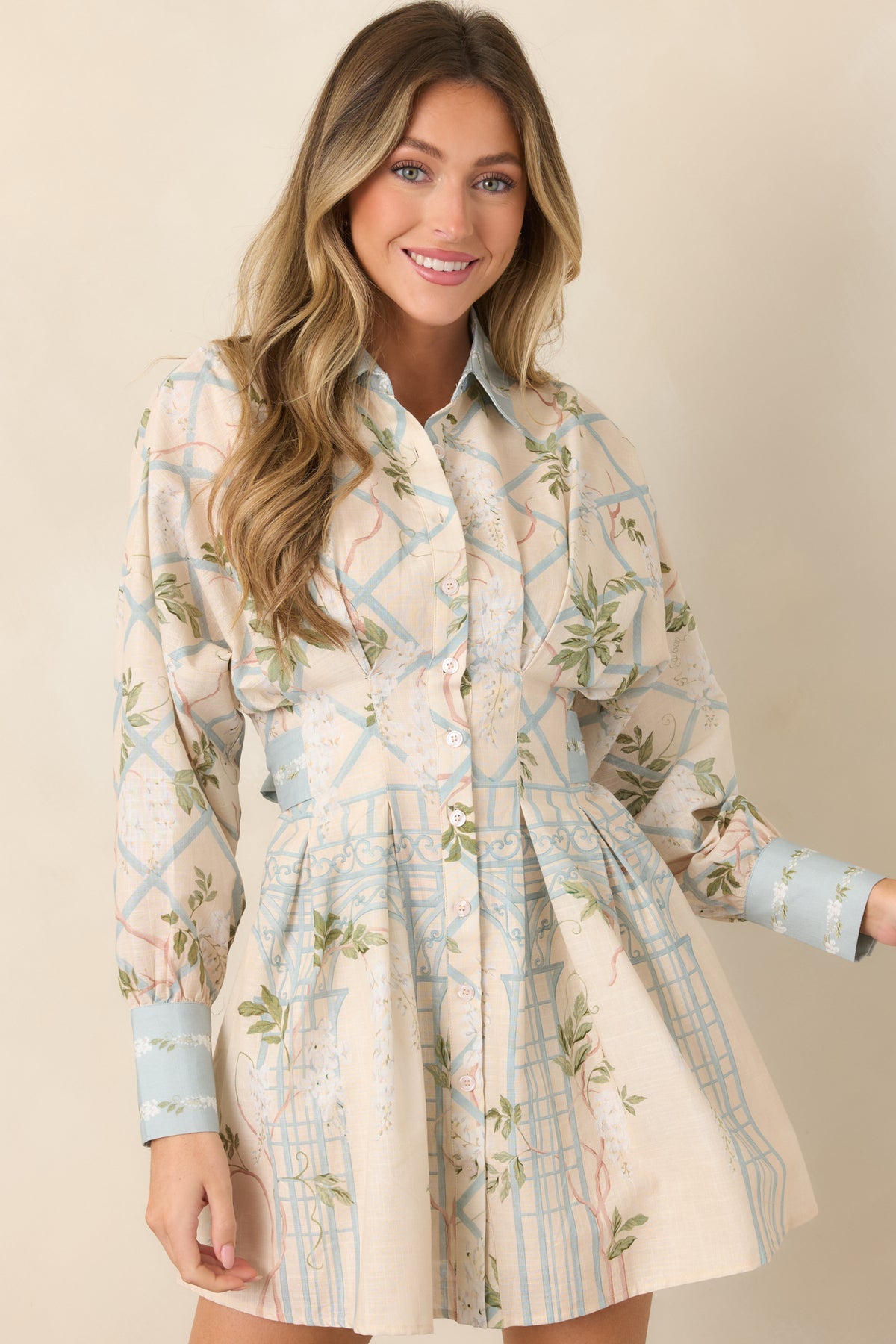 Long-sleeve mini shirt dress with a pointed collar, button-front construction, defined waist, and refined buttoned sleeve cuffs.