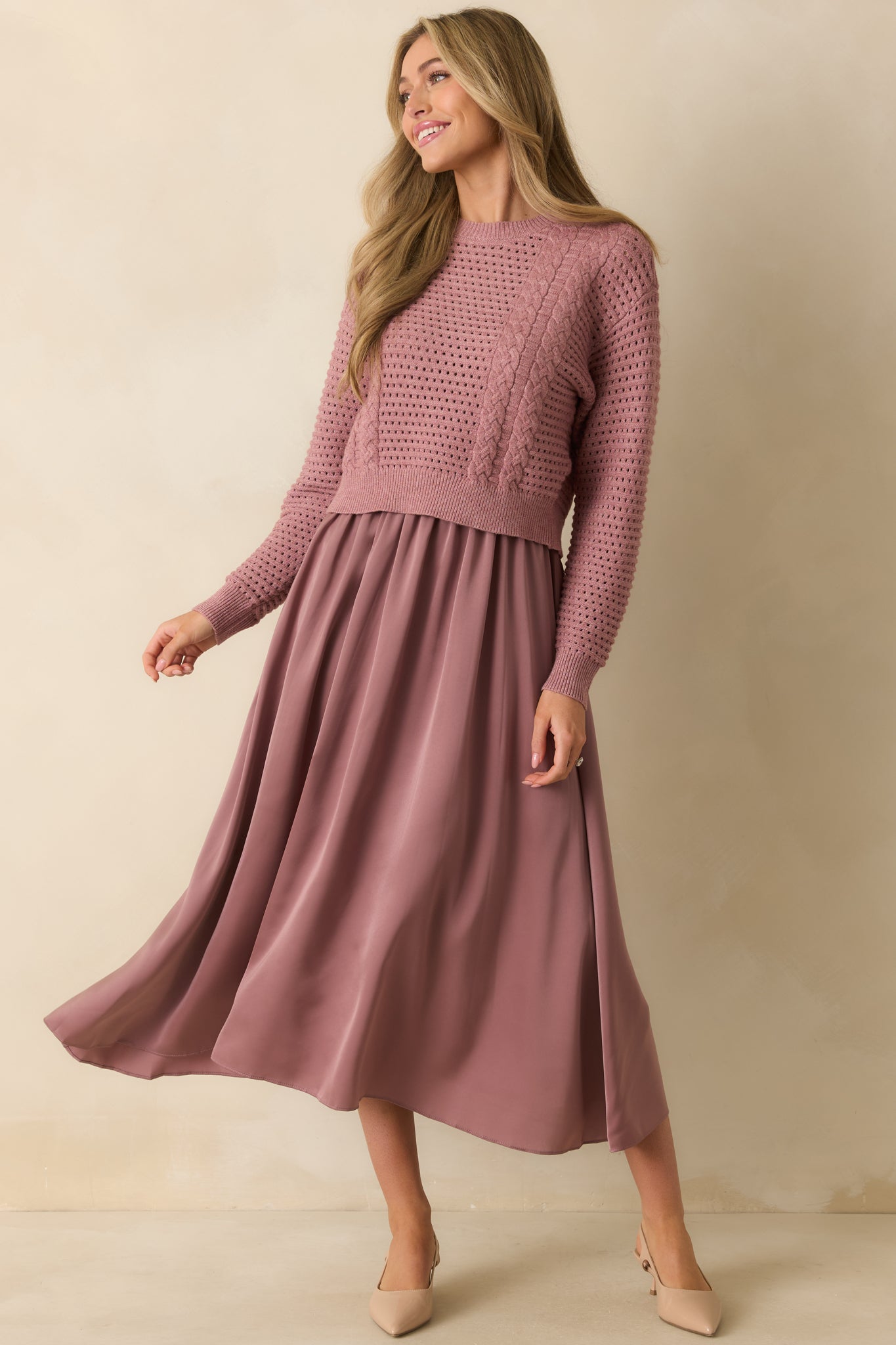 Take A Little Time Mauve Knit Sweater Satin Maxi Dress Set Take A Little Time Mauve Knit Sweater Satin Maxi Dress Set