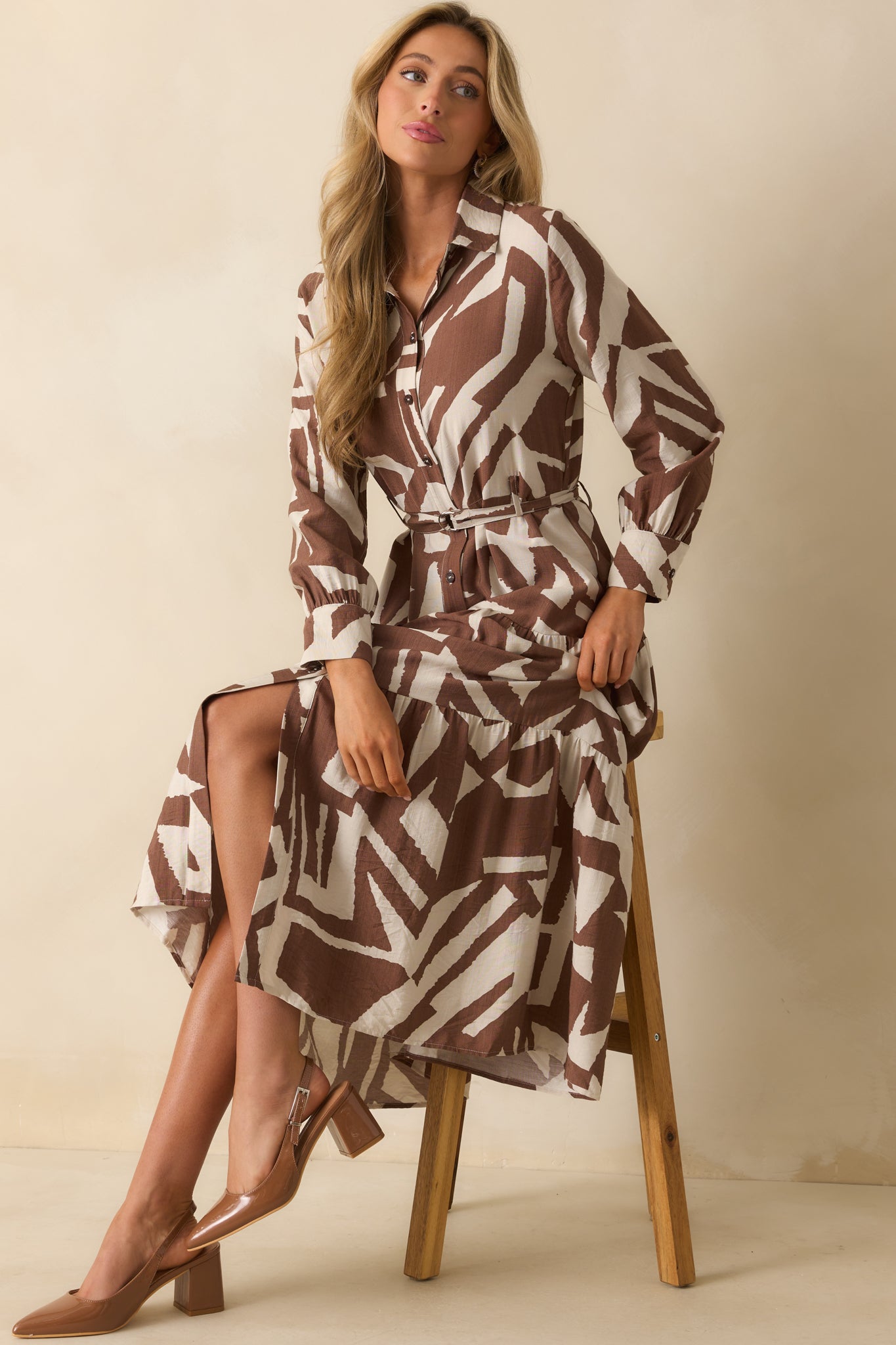 Brown Abstract Print Belted Maxi Shirt Dress All Dresses Red Dress