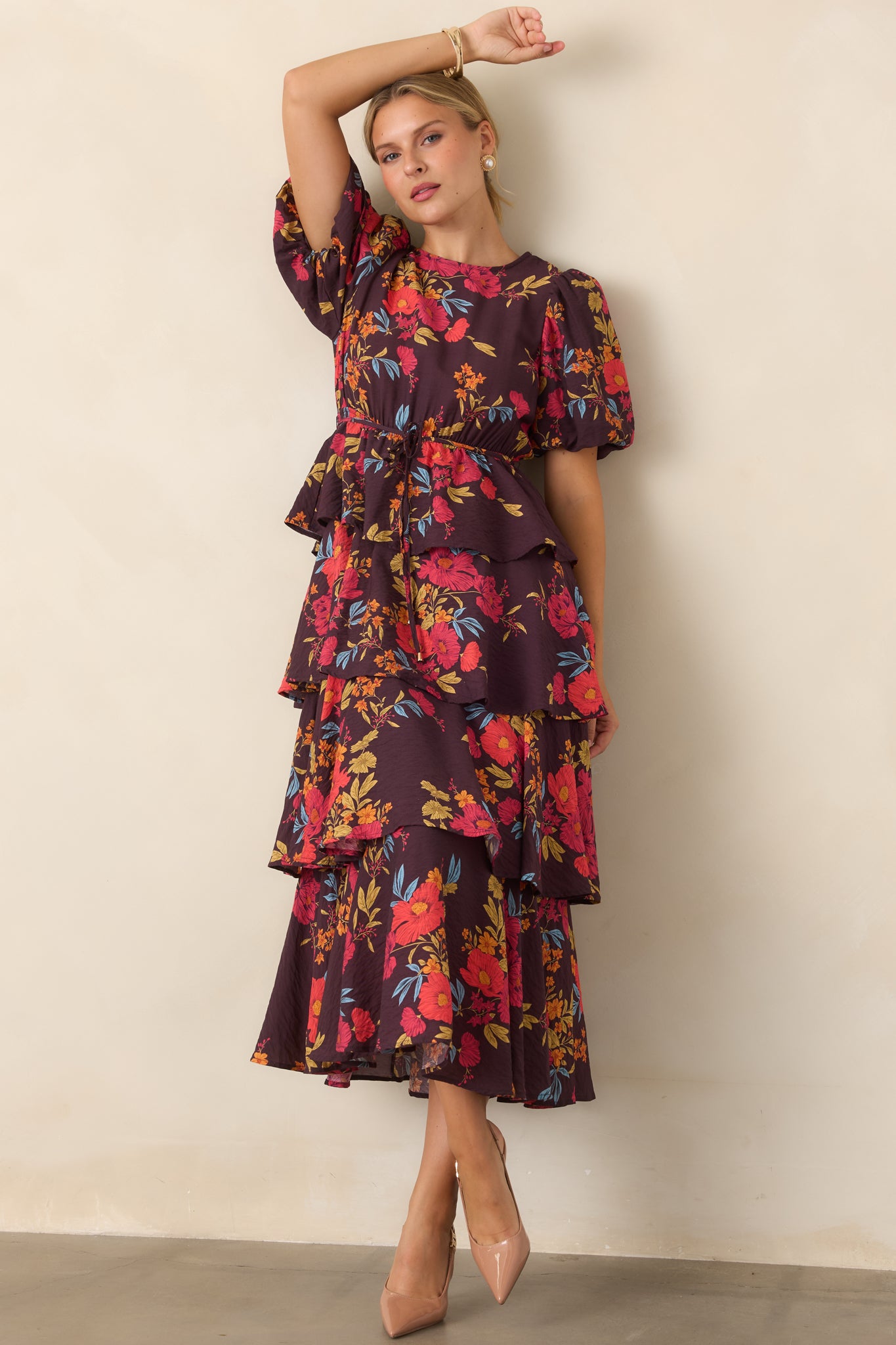maxi a line dress with sleeves Something to Believe In Plum Multi Floral Tiered long sleeve dress A-line Dresses occasion-CasualWork Empire waist Color:Rust Orange