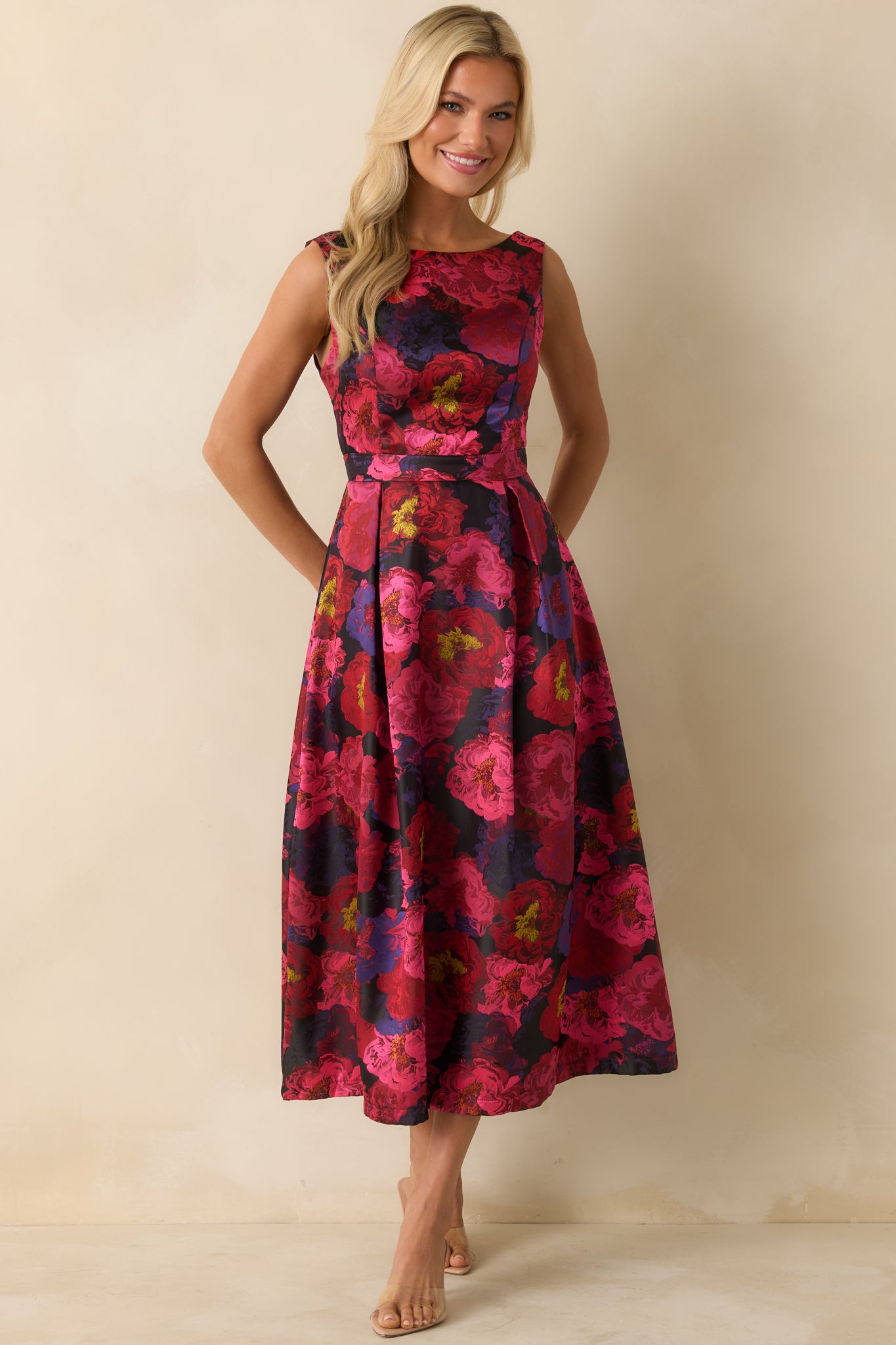 Midi dress with a floral jacquard pattern and elegant pleated A-line skirt.