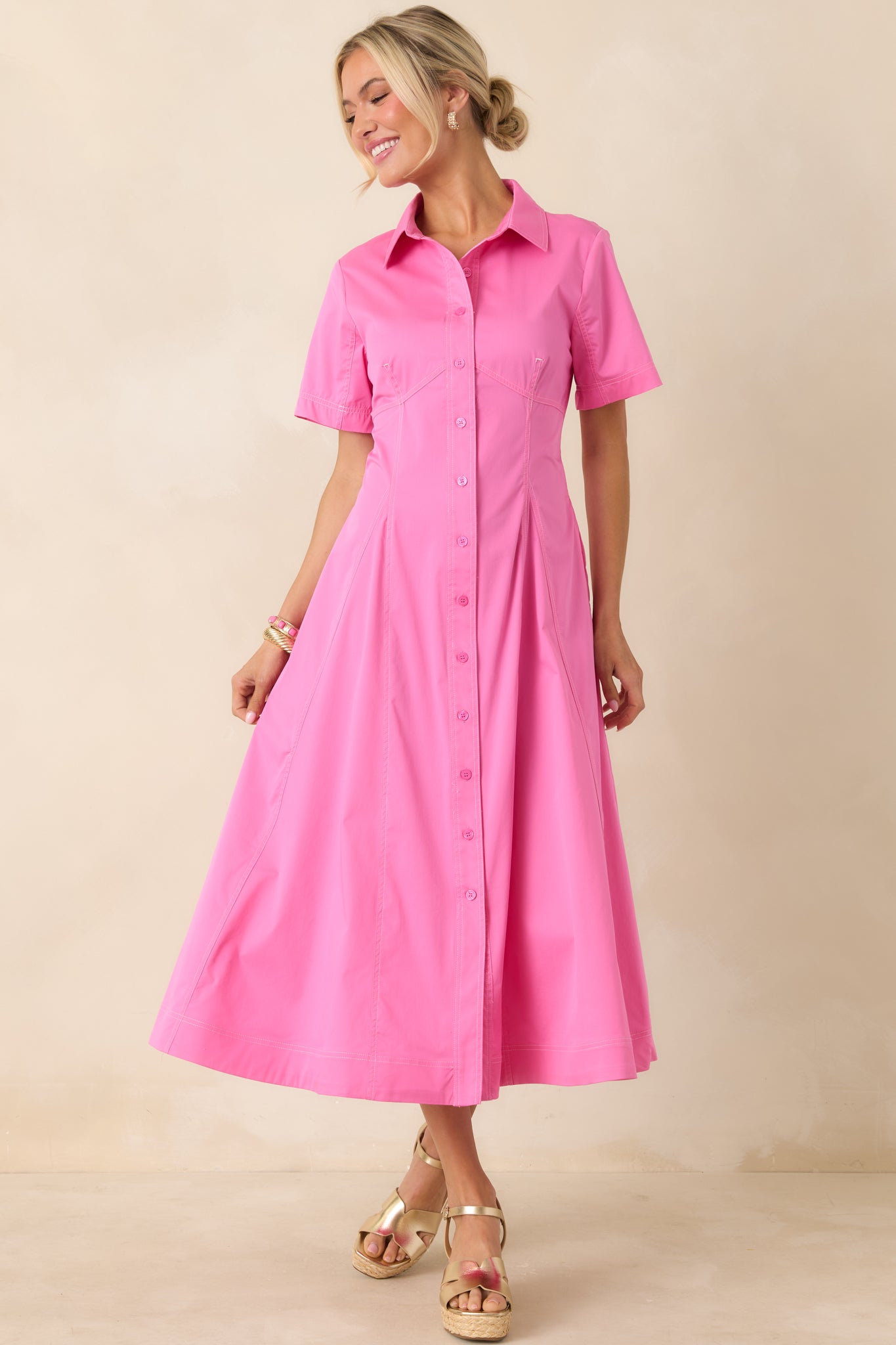Make It Look Easy Pink Short Sleeve Midi Shirt Dress Make It Look Easy Pink Short Sleeve Midi Shirt Dress