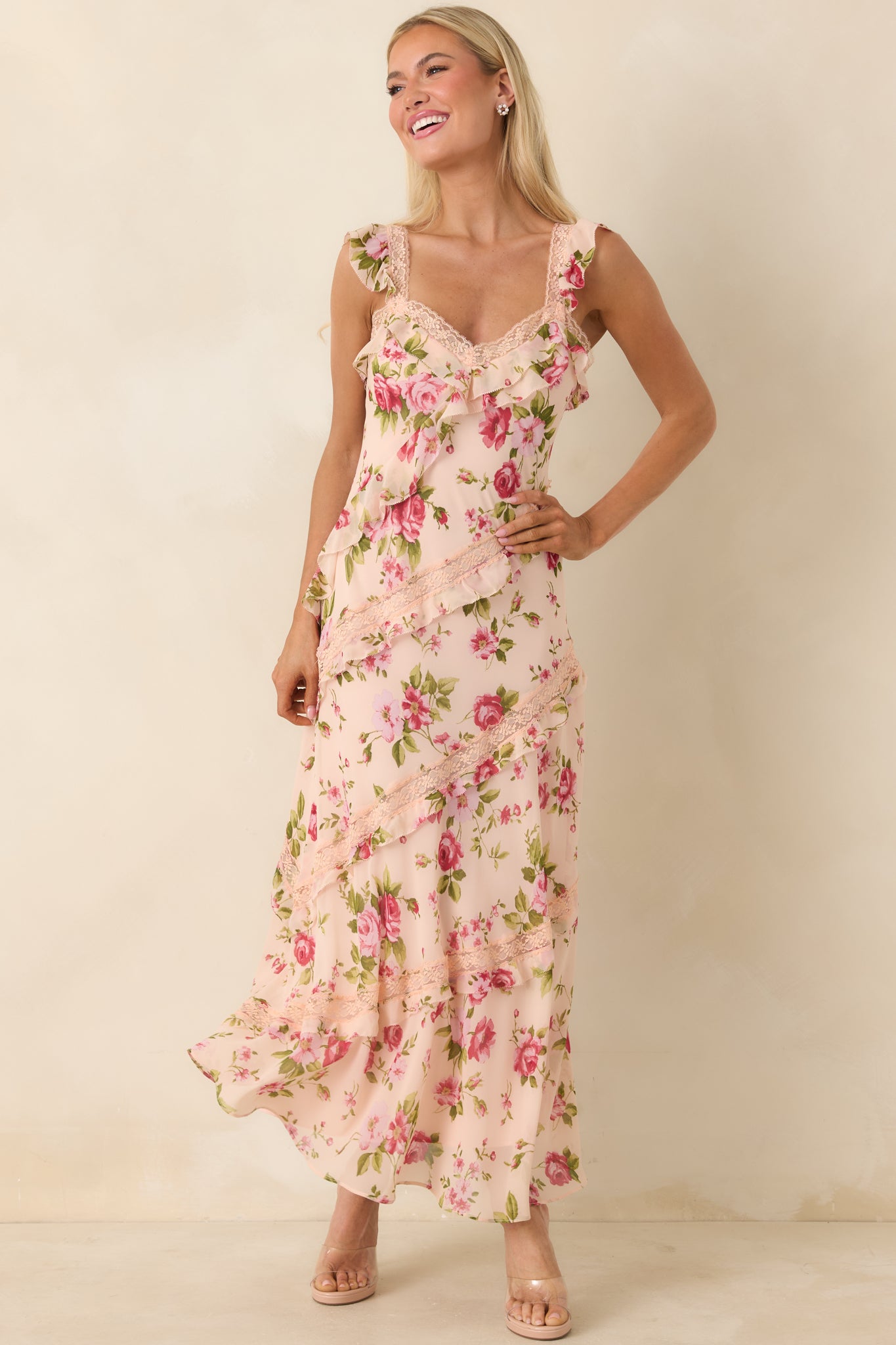 Women's Yours Always Rose Pink Floral Lace & Ruffle Trim Midi Dress | Size: M